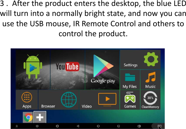 3.Aftertheproductentersthedesktop,theblueLEDwillturnintoanormallybrightstate,andnowyoucanusetheUSBmouse,IRRemoteControlandotherstocontroltheproduct.