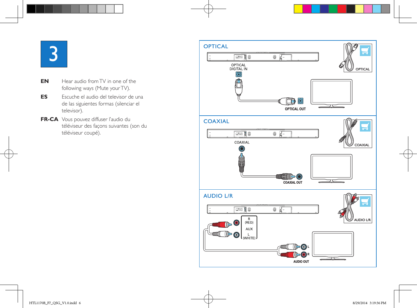 RLAUDIO OUTCOAXIAL OUTOPTICAL OUTOPTICALAUDIO L/RCOAXIALOPTICALCOAXIALAUDIO L/REN HearaudiofromTVinoneofthefollowingways(MuteyourTV).ES Escucheelaudiodeltelevisordeunadelassiguientesformas(silenciareltelevisor).FR-CA  Vouspouvezdiffuserl’audiodutéléviseur des façons suivantes (son du téléviseur coupé).3AUDIO OUTRLCOAXIAL OUTOPTICAL OUTOPTICALAUDIO L/RCOAXIALHTL1170B_F7_QSG_V1.0.indd   6 8/29/2014   3:19:36 PM