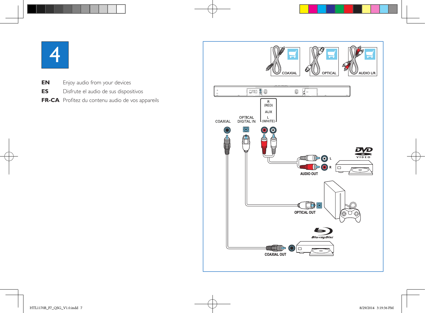 RLAUDIO OUTCOAXIAL OUTOPTICAL OUTOPTICALAUDIO L/RCOAXIALOPTICALCOAXIALAUDIO L/RAUDIO OUTRLCOAXIAL OUTOPTICAL OUTOPTICALAUDIO L/RCOAXIALEN EnjoyaudiofromyourdevicesES DisfruteelaudiodesusdispositivosFR-CA  Protezducontenuaudiodevosappareils4HTL1170B_F7_QSG_V1.0.indd   7 8/29/2014   3:19:36 PM