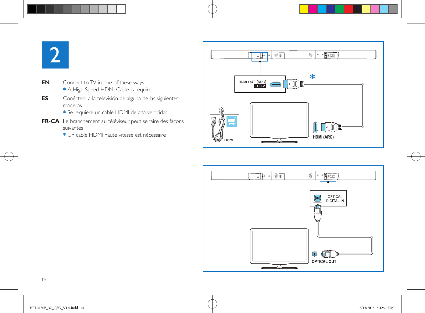 14OPTICAL OUTHDMI (ARC)2HDMIEN  Connect to TV in one of these ways *  A High Speed HDMI Cable is required.ES Conéctelo a la televisión de alguna de las siguientes maneras*  Se requiere un cable HDMI de alta velocidadFR-CA  Le branchement au téléviseur peut se faire des façons suivantes*  Un câble HDMI haute vitesse est nécessaire*HTL3150B_37_QSG_V1.0.indd   14 8/13/2015   5:42:20 PM