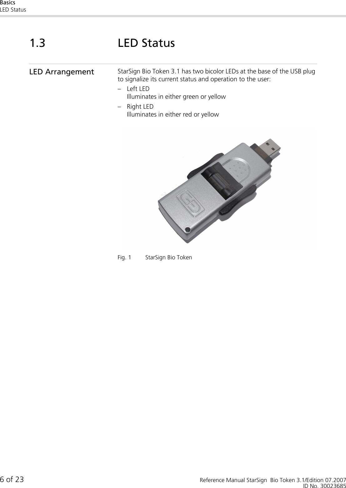 BasicsLED Status6 of 23 Reference Manual StarSign  Bio Token 3.1/Edition 07.2007ID No. 300236851.3 LED StatusLED Arrangement StarSign Bio Token 3.1 has two bicolor LEDs at the base of the USB plug to signalize its current status and operation to the user:– Left LEDIlluminates in either green or yellow– Right LEDIlluminates in either red or yellowFig. 1 StarSign Bio Token