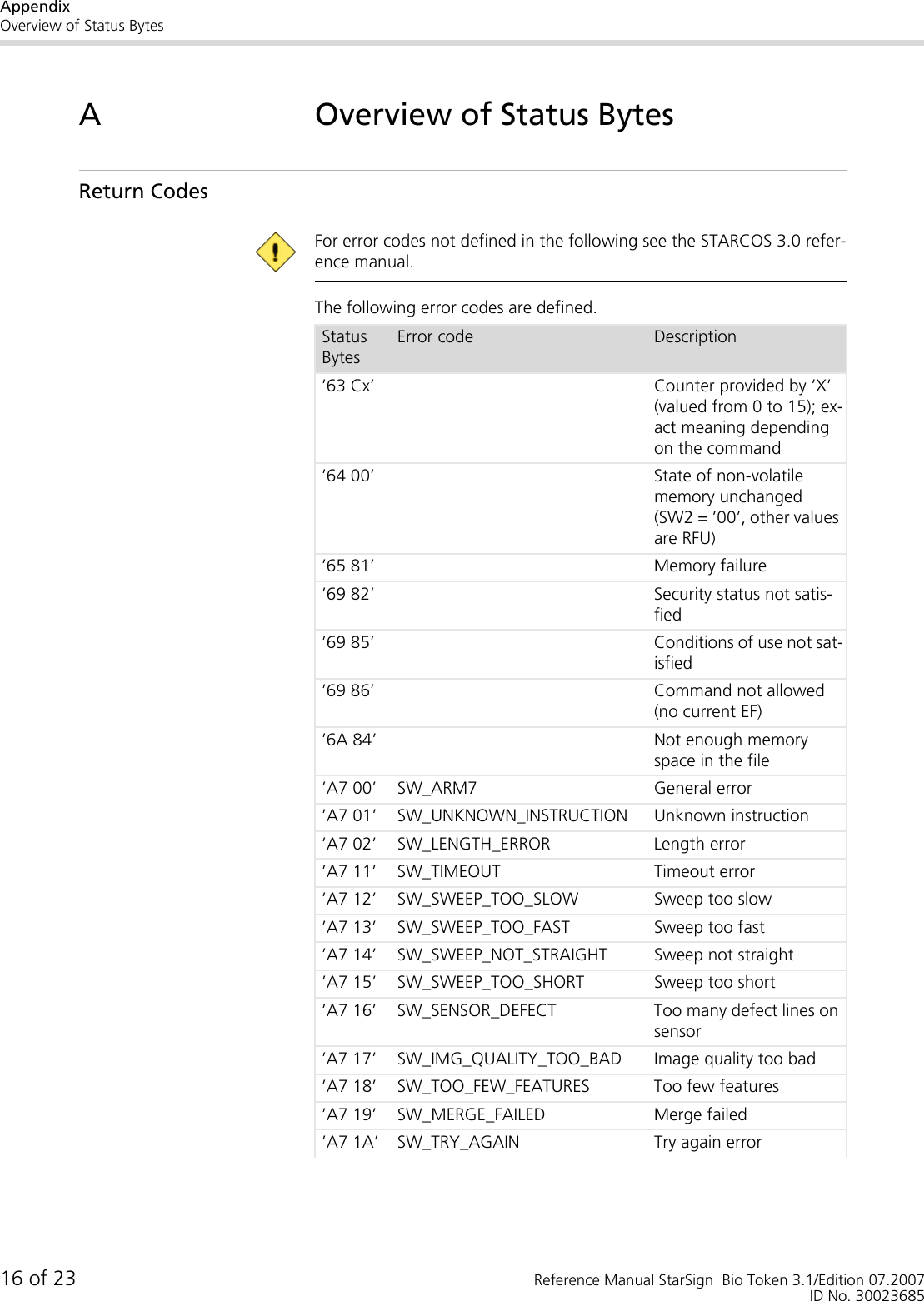 AppendixOverview of Status Bytes16 of 23 Reference Manual StarSign  Bio Token 3.1/Edition 07.2007ID No. 30023685A Overview of Status BytesReturn Codes For error codes not defined in the following see the STARCOS 3.0 refer-ence manual.The following error codes are defined.Status BytesError code Description’63 Cx’ Counter provided by ’X’ (valued from 0 to 15); ex-act meaning depending on the command’64 00’ State of non-volatile memory unchanged (SW2 = ’00’, other values are RFU)’65 81’ Memory failure’69 82’ Security status not satis-fied’69 85’ Conditions of use not sat-isfied’69 86’ Command not allowed (no current EF)’6A 84’ Not enough memory space in the file’A7 00’ SW_ARM7 General error’A7 01’ SW_UNKNOWN_INSTRUCTION Unknown instruction’A7 02’ SW_LENGTH_ERROR Length error’A7 11’ SW_TIMEOUT Timeout error’A7 12’ SW_SWEEP_TOO_SLOW Sweep too slow’A7 13’ SW_SWEEP_TOO_FAST Sweep too fast’A7 14’ SW_SWEEP_NOT_STRAIGHT Sweep not straight’A7 15’ SW_SWEEP_TOO_SHORT Sweep too short’A7 16’ SW_SENSOR_DEFECT Too many defect lines on sensor’A7 17’ SW_IMG_QUALITY_TOO_BAD Image quality too bad’A7 18’ SW_TOO_FEW_FEATURES Too few features’A7 19’ SW_MERGE_FAILED Merge failed’A7 1A’ SW_TRY_AGAIN  Try again error