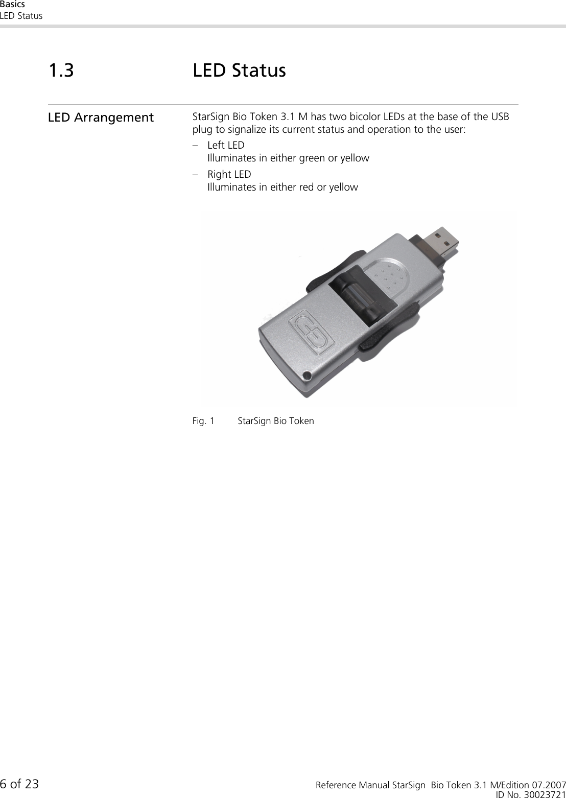 BasicsLED Status6 of 23 Reference Manual StarSign  Bio Token 3.1 M/Edition 07.2007ID No. 300237211.3 LED StatusLED Arrangement StarSign Bio Token 3.1 M has two bicolor LEDs at the base of the USB plug to signalize its current status and operation to the user:– Left LEDIlluminates in either green or yellow– Right LEDIlluminates in either red or yellowFig. 1 StarSign Bio Token