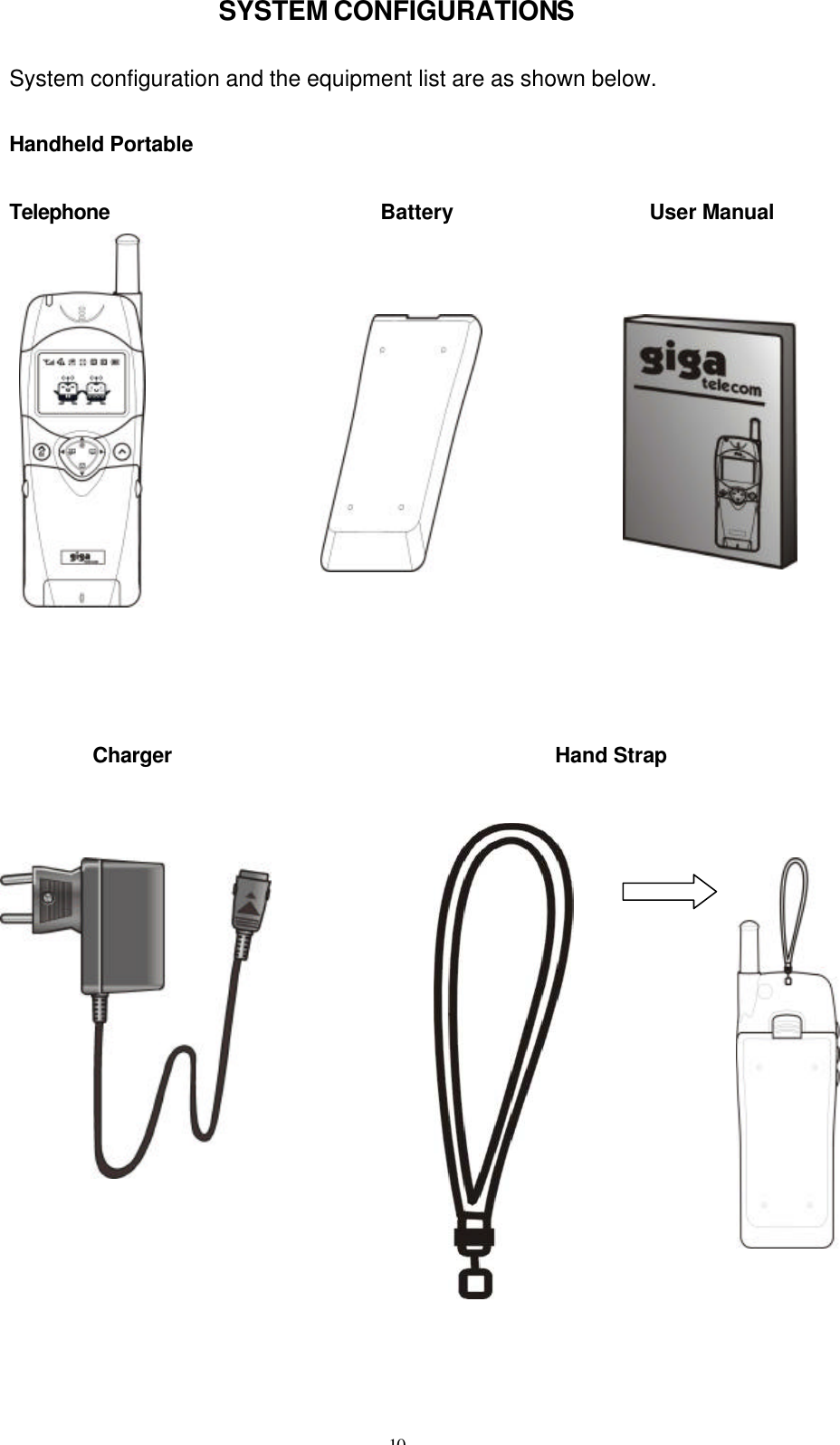 10 SYSTEM CONFIGURATIONS  System configuration and the equipment list are as shown below.  Handheld Portable  Telephone                          Battery                   User Manual        Charger                                     Hand Strap  