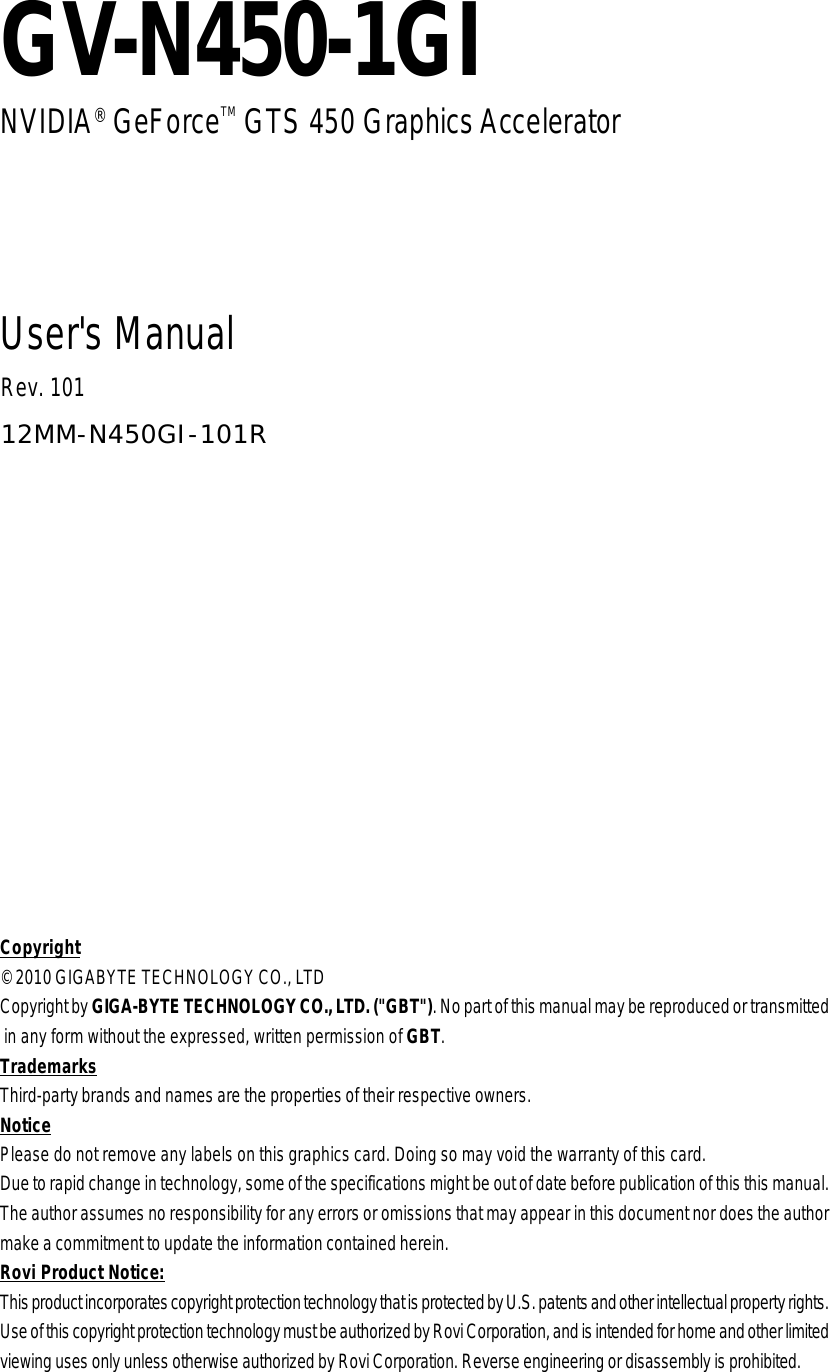 Gigabyte Gv N450 1gi Owner S Manual E N450 101 P65