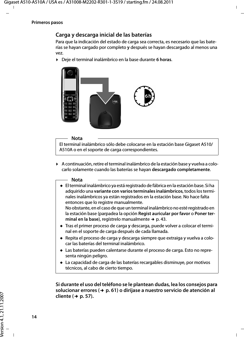 14Primeros pasosGigaset A510-A510A / USA es / A31008-M2202-R301-1-3S19 / starting.fm / 24.08.2011Version 4.1, 21.11.2007Carga y descarga inicial de las bateríasPara que la indicación del estado de carga sea correcta, es necesario que las bate-rías se hayan cargado por completo y después se hayan descargado al menos una vez.¤Deje el terminal inalámbrico en la base durante 6 horas. ¤A continuación, retire el terminal inalámbrico de la estación base y vuelva a colo-carlo solamente cuando las baterías se hayan descargado completamente.Si durante el uso del teléfono se le plantean dudas, lea los consejos para solucionar errores (¢p. 61) o diríjase a nuestro servicio de atención al cliente (¢p. 57).NotaEl terminal inalámbrico sólo debe colocarse en la estación base Gigaset A510/A510A o en el soporte de carga correspondientes.6hNotauEl terminal inalámbrico ya está registrado de fábrica en la estación base. Si ha adquirido una variante con varios terminales inalámbricos, todos los termi-nales inalámbricos ya están registrados en la estación base. No hace falta entonces que lo registre manualmente. No obstante, en el caso de que un terminal inalámbrico no esté registrado en la estación base (parpadea la opción Regist auricular por favor o Poner ter-minal en la base), regístrelo manualmente ¢p. 43.uTras el primer proceso de carga y descarga, puede volver a colocar el termi-nal en el soporte de carga después de cada llamada. uRepita el proceso de carga y descarga siempre que extraiga y vuelva a colo-car las baterías del terminal inalámbrico.uLas baterías pueden calentarse durante el proceso de carga. Esto no repre-senta ningún peligro.uLa capacidad de carga de las baterías recargables disminuye, por motivos técnicos, al cabo de cierto tiempo.