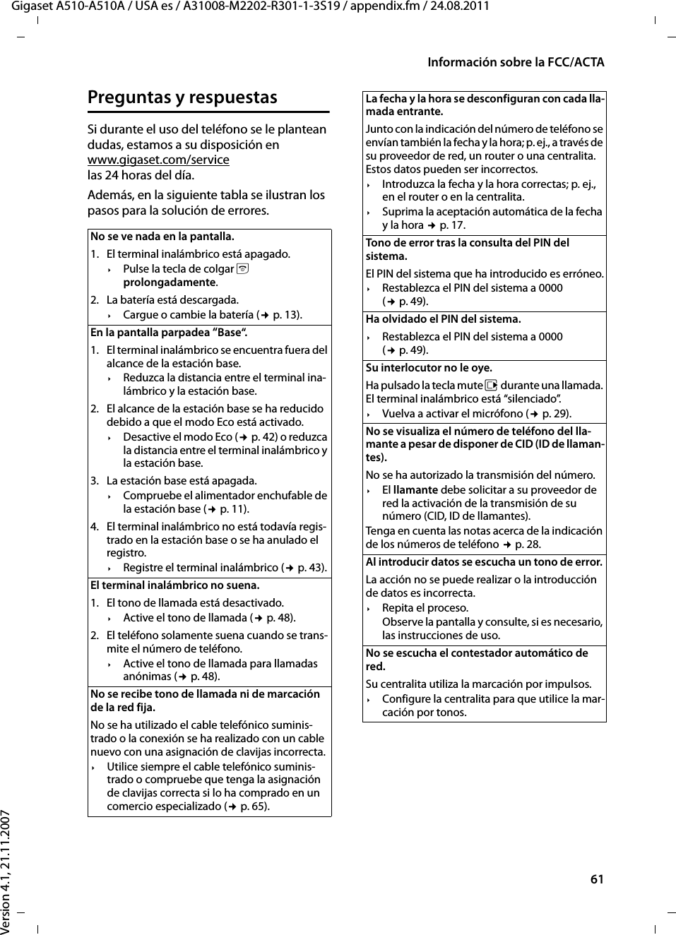 61Información sobre la FCC/ACTAGigaset A510-A510A / USA es / A31008-M2202-R301-1-3S19 / appendix.fm / 24.08.2011Version 4.1, 21.11.2007Preguntas y respuestasSi durante el uso del teléfono se le plantean dudas, estamos a su disposición en www.gigaset.com/service las 24 horas del día. Además, en la siguiente tabla se ilustran los pasos para la solución de errores.No se ve nada en la pantalla. 1. El terminal inalámbrico está apagado.¥Pulse la tecla de colgar a prolongadamente.2. La batería está descargada.¥Cargue o cambie la batería (¢p. 13).En la pantalla parpadea “Base“.1. El terminal inalámbrico se encuentra fuera del alcance de la estación base.¥Reduzca la distancia entre el terminal ina-lámbrico y la estación base.2. El alcance de la estación base se ha reducido debido a que el modo Eco está activado.¥Desactive el modo Eco (¢p. 42) o reduzca la distancia entre el terminal inalámbrico y la estación base.3. La estación base está apagada.¥Compruebe el alimentador enchufable de la estación base (¢p. 11).4. El terminal inalámbrico no está todavía regis-trado en la estación base o se ha anulado el registro.¥Registre el terminal inalámbrico (¢p. 43).El terminal inalámbrico no suena. 1. El tono de llamada está desactivado.¥Active el tono de llamada (¢p. 48).2. El teléfono solamente suena cuando se trans-mite el número de teléfono.¥Active el tono de llamada para llamadas anónimas (¢p. 48).No se recibe tono de llamada ni de marcación de la red fija. No se ha utilizado el cable telefónico suminis-trado o la conexión se ha realizado con un cable nuevo con una asignación de clavijas incorrecta.¥Utilice siempre el cable telefónico suminis-trado o compruebe que tenga la asignación de clavijas correcta si lo ha comprado en un comercio especializado (¢p. 65).La fecha y la hora se desconfiguran con cada lla-mada entrante. Junto con la indicación del número de teléfono se envían también la fecha y la hora; p. ej., a través de su proveedor de red, un router o una centralita. Estos datos pueden ser incorrectos.¥Introduzca la fecha y la hora correctas; p. ej., en el router o en la centralita.¥Suprima la aceptación automática de la fecha y la hora ¢p. 17.Tono de error tras la consulta del PIN del sistema.El PIN del sistema que ha introducido es erróneo.¥Restablezca el PIN del sistema a 0000 (¢p. 49).Ha olvidado el PIN del sistema. ¥Restablezca el PIN del sistema a 0000 (¢p. 49).Su interlocutor no le oye. Ha pulsado la tecla mute v durante una llamada. El terminal inalámbrico está “silenciado”.¥Vuelva a activar el micrófono (¢p. 29).No se visualiza el número de teléfono del lla-mante a pesar de disponer de CID (ID de llaman-tes).No se ha autorizado la transmisión del número.¥El llamante debe solicitar a su proveedor de red la activación de la transmisión de su número (CID, ID de llamantes).Tenga en cuenta las notas acerca de la indicación de los números de teléfono ¢p. 28.Al introducir datos se escucha un tono de error. La acción no se puede realizar o la introducción de datos es incorrecta. ¥Repita el proceso. Observe la pantalla y consulte, si es necesario, las instrucciones de uso.No se escucha el contestador automático de red.Su centralita utiliza la marcación por impulsos.¥Configure la centralita para que utilice la mar-cación por tonos.