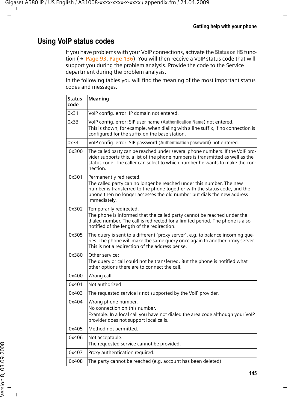 145Getting help with your phoneGigaset A580 IP / US English / A31008-xxxx-xxxx-x-xxxx / appendix.fm / 24.04.2009Version 8, 03.09.2008Using VoIP status codesIf you have problems with your VoIP connections, activate the Status on HS func-tion (£Page 93, Page 136). You will then receive a VoIP status code that will support you during the problem analysis. Provide the code to the Service department during the problem analysis.In the following tables you will find the meaning of the most important status codes and messages. Status code Meaning 0x31 VoIP config. error: IP domain not entered.0x33 VoIP config. error: SIP user name (Authentication Name) not entered. This is shown, for example, when dialing with a line suffix, if no connection is configured for the suffix on the base station. 0x34 VoIP config. error: SIP password (Authentication password) not entered. 0x300 The called party can be reached under several phone numbers. If the VoIP pro-vider supports this, a list of the phone numbers is transmitted as well as the status code. The caller can select to which number he wants to make the con-nection.  0x301 Permanently redirected.The called party can no longer be reached under this number. The new number is transferred to the phone together with the status code, and the phone then no longer accesses the old number but dials the new address immediately. 0x302 Temporarily redirected. The phone is informed that the called party cannot be reached under the dialed number. The call is redirected for a limited period. The phone is also notified of the length of the redirection. 0x305 The query is sent to a different &quot;proxy server&quot;, e.g. to balance incoming que-ries. The phone will make the same query once again to another proxy server. This is not a redirection of the address per se.  0x380 Other service:The query or call could not be transferred. But the phone is notified what other options there are to connect the call. 0x400 Wrong call 0x401 Not authorized 0x403 The requested service is not supported by the VoIP provider. 0x404 Wrong phone number. No connection on this number.Example: In a local call you have not dialed the area code although your VoIP provider does not support local calls. 0x405 Method not permitted. 0x406 Not acceptable.The requested service cannot be provided. 0x407 Proxy authentication required. 0x408 The party cannot be reached (e.g. account has been deleted).