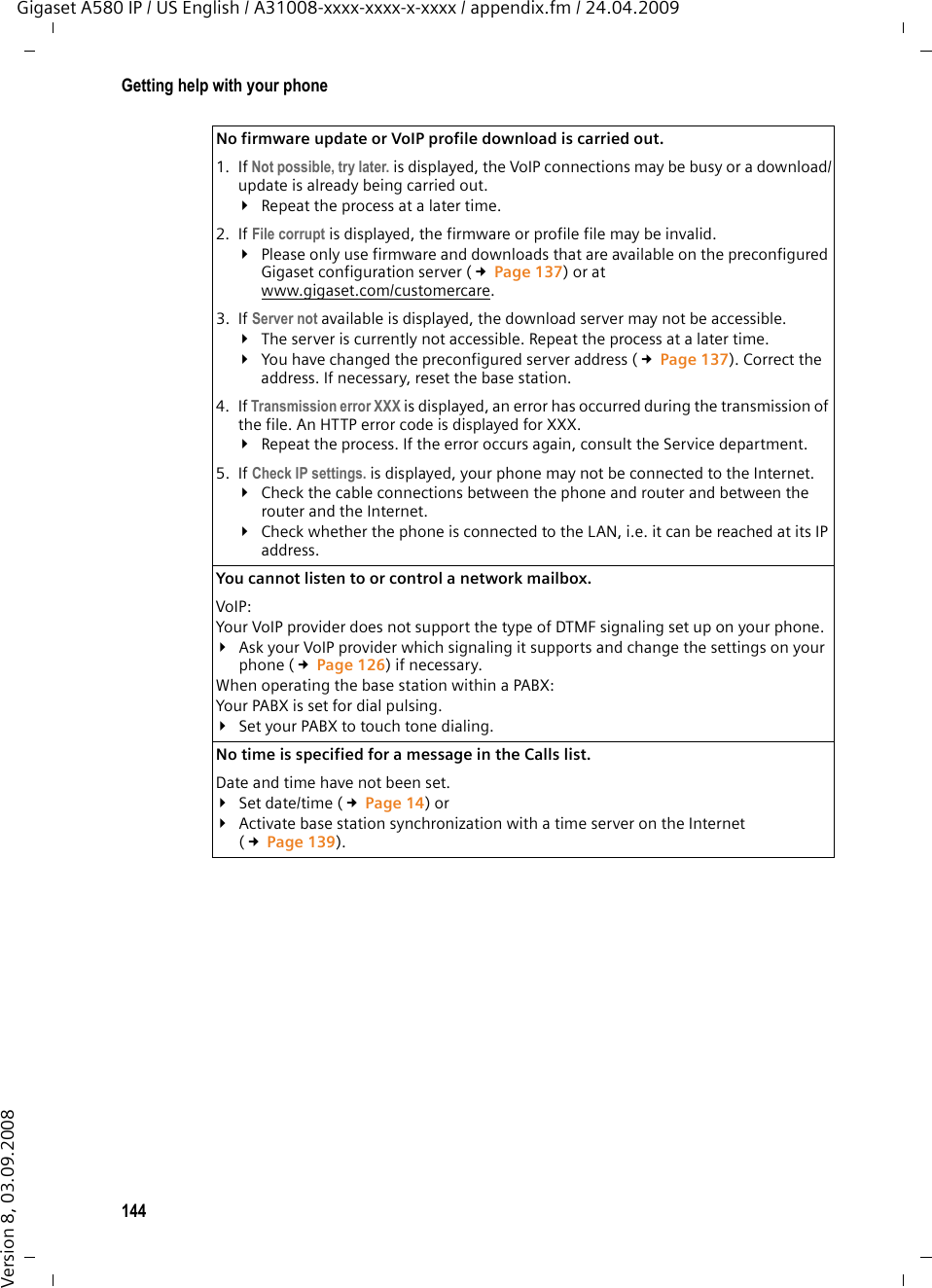 144Getting help with your phoneGigaset A580 IP / US English / A31008-xxxx-xxxx-x-xxxx / appendix.fm / 24.04.2009Version 8, 03.09.2008No firmware update or VoIP profile download is carried out. 1. If Not possible, try later. is displayed, the VoIP connections may be busy or a download/update is already being carried out.¥Repeat the process at a later time.2. If File corrupt is displayed, the firmware or profile file may be invalid. ¥Please only use firmware and downloads that are available on the preconfigured Gigaset configuration server (£Page 137) or at www.gigaset.com/customercare.3. If Server not available is displayed, the download server may not be accessible. ¥The server is currently not accessible. Repeat the process at a later time. ¥You have changed the preconfigured server address (£Page 137). Correct the address. If necessary, reset the base station. 4. If Transmission error XXX is displayed, an error has occurred during the transmission of the file. An HTTP error code is displayed for XXX. ¥Repeat the process. If the error occurs again, consult the Service department. 5. If Check IP settings. is displayed, your phone may not be connected to the Internet.¥Check the cable connections between the phone and router and between the router and the Internet. ¥Check whether the phone is connected to the LAN, i.e. it can be reached at its IP address. You cannot listen to or control a network mailbox. VoIP: Your VoIP provider does not support the type of DTMF signaling set up on your phone. ¥Ask your VoIP provider which signaling it supports and change the settings on your phone (£Page 126) if necessary. When operating the base station within a PABX:Your PABX is set for dial pulsing.¥Set your PABX to touch tone dialing.No time is specified for a message in the Calls list. Date and time have not been set.¥Set date/time (£Page 14) or¥Activate base station synchronization with a time server on the Internet (£Page 139). 