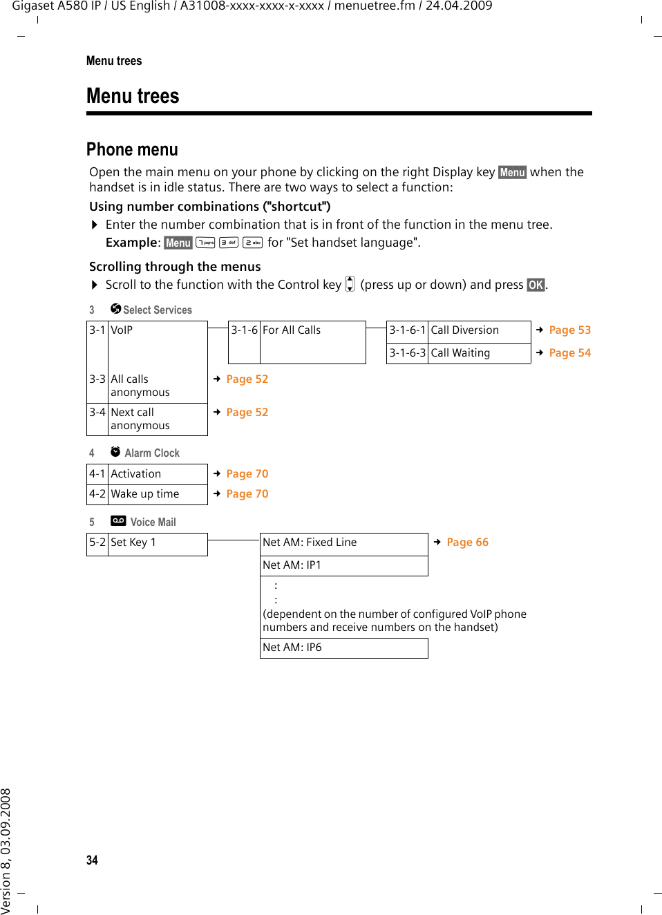 34Menu treesGigaset A580 IP / US English / A31008-xxxx-xxxx-x-xxxx / menuetree.fm / 24.04.2009Version 8, 03.09.2008Menu treesPhone menuOpen the main menu on your phone by clicking on the right Display key §Menu§ when the handset is in idle status. There are two ways to select a function:Using number combinations (&quot;shortcut&quot;) ¤Enter the number combination that is in front of the function in the menu tree. Example: §Menu§ M32 for &quot;Set handset language&quot;.Scrolling through the menus ¤Scroll to the function with the Control key q (press up or down) and press §OK§. 3êSelect Services3-1 VoIP 3-1-6 For All Calls 3-1-6-1 Call Diversion £Page 533-1-6-3 Call Waiting £Page 543-3 All calls anonymous £Page 523-4 Next call anonymous £Page 524  ì Alarm Clock4-1 Activation £Page 704-2 Wake up time £Page 705þ Voice Mail5-2 Set Key 1 Net AM: Fixed Line £Page 66Net AM: IP1::(dependent on the number of configured VoIP phone numbers and receive numbers on the handset)Net AM: IP6
