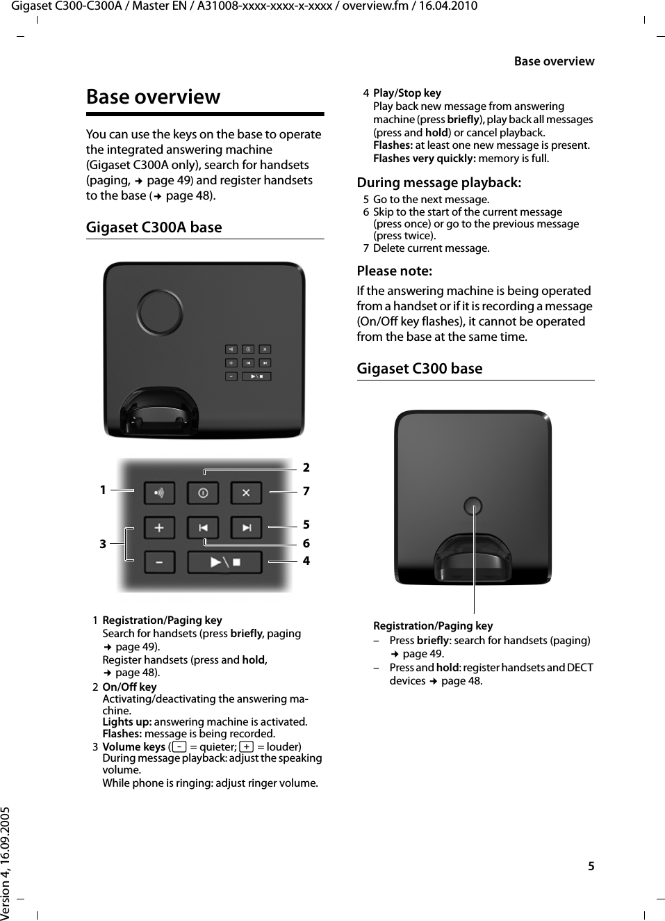 5Base overviewGigaset C300-C300A / Master EN / A31008-xxxx-xxxx-x-xxxx / overview.fm / 16.04.2010Version 4, 16.09.2005Base overview You can use the keys on the base to operate the integrated answering machine (Gigaset C300A only), search for handsets (paging, ¢page 49) and register handsets to the base (¢page 48).Gigaset C300A base1Registration/Paging key Search for handsets (press briefly, paging ¢page 49).Register handsets (press and hold, ¢page 48).2On/Off key Activating/deactivating the answering ma-chine. Lights up: answering machine is activated.Flashes: message is being recorded.3Volume keys (÷ = quieter; ø = louder)During message playback: adjust the speaking volume. While phone is ringing: adjust ringer volume.4Play/Stop key Play back new message from answering machine (press briefly), play back all messages (press and hold) or cancel playback.Flashes: at least one new message is present.Flashes very quickly: memory is full.During message playback: 5 Go to the next message.6 Skip to the start of the current message (press once) or go to the previous message (press twice).7 Delete current message. Please note:If the answering machine is being operated from a handset or if it is recording a message (On/Off key flashes), it cannot be operated from the base at the same time.Gigaset C300 baseRegistration/Paging key – Press briefly: search for handsets (paging) ¢page 49.– Press and hold: register handsets and DECT devices ¢page 48.5243167