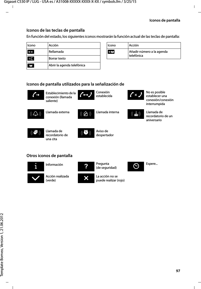  97Gigaset C530 IP / LUG - USA es / A31008-XXXXX-XXXX-X-XX / symbols.fm / 3/25/15Template Borneo, Version 1, 21.06.2012Iconos de pantallaIconos de las teclas de pantallaEn función del estado, los siguientes iconos mostrarán la función actual de las teclas de pantalla: Iconos de pantalla utilizados para la señalización de  Otros iconos de pantallaIcono AcciónÒRellamadaÑBorrar textoöAbrir la agenda telefónica ÓAñadir número a la agenda telefónicaIcono AcciónEstablecimiento de la conexión (llamada saliente)Conexión establecidaNo es posible establecer una conexión/conexión interrumpida zWXLlamada externa Llamada interna Llamada de recordatorio de un aniversarioØÙÚØãÚØðÚLlamada de recordatorio de una citaAviso de despertadorØáÚØìÚInformación Pregunta (de seguridad) Espere...Ð·ÛAcción realizada (verde)La acción no se puede realizar (rojo)‰Õ