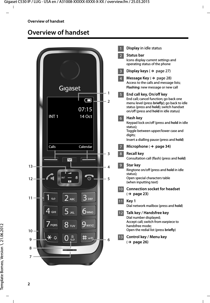 2  Gigaset C530 IP / LUG - USA en / A31008-XXXXX-XXXX-X-XX / overview.fm / 25.03.2015Template Borneo, Version 1, 21.06.2012Overview of handsetOverview of handsetDisplay in idle statusStatus barIcons display current settings and operating status of the phoneDisplay keys (¢page 27) Message Key (¢page 28)Access to the calls and message lists;Flashing: new message or new callEnd call key, On/off keyEnd call; cancel function; go back one menu level (press briefly); go back to idle status (press and hold); switch handset on/off (press and hold in idle status)Hash keyKeypad lock on/off (press and hold in idle status);Toggle between upper/lower case and digits;Insert a dialling pause (press and hold)Microphone (¢page 34)Recall keyConsultation call (flash) (press and hold)Star keyRingtone on/off (press and hold in idle status); Open special characters table (when inputting text)Connection socket for headset (¢page 23)Key 1Dial network mailbox (press and hold)Talk key / Handsfree keyDial number displayed;Accept call; switch from earpiece to handsfree mode; Open the redial list (press briefly) Control key / Menu key (¢page 26)iV07:15INT 1 14 OctCalls Calendar1234567111213891012345678910111213