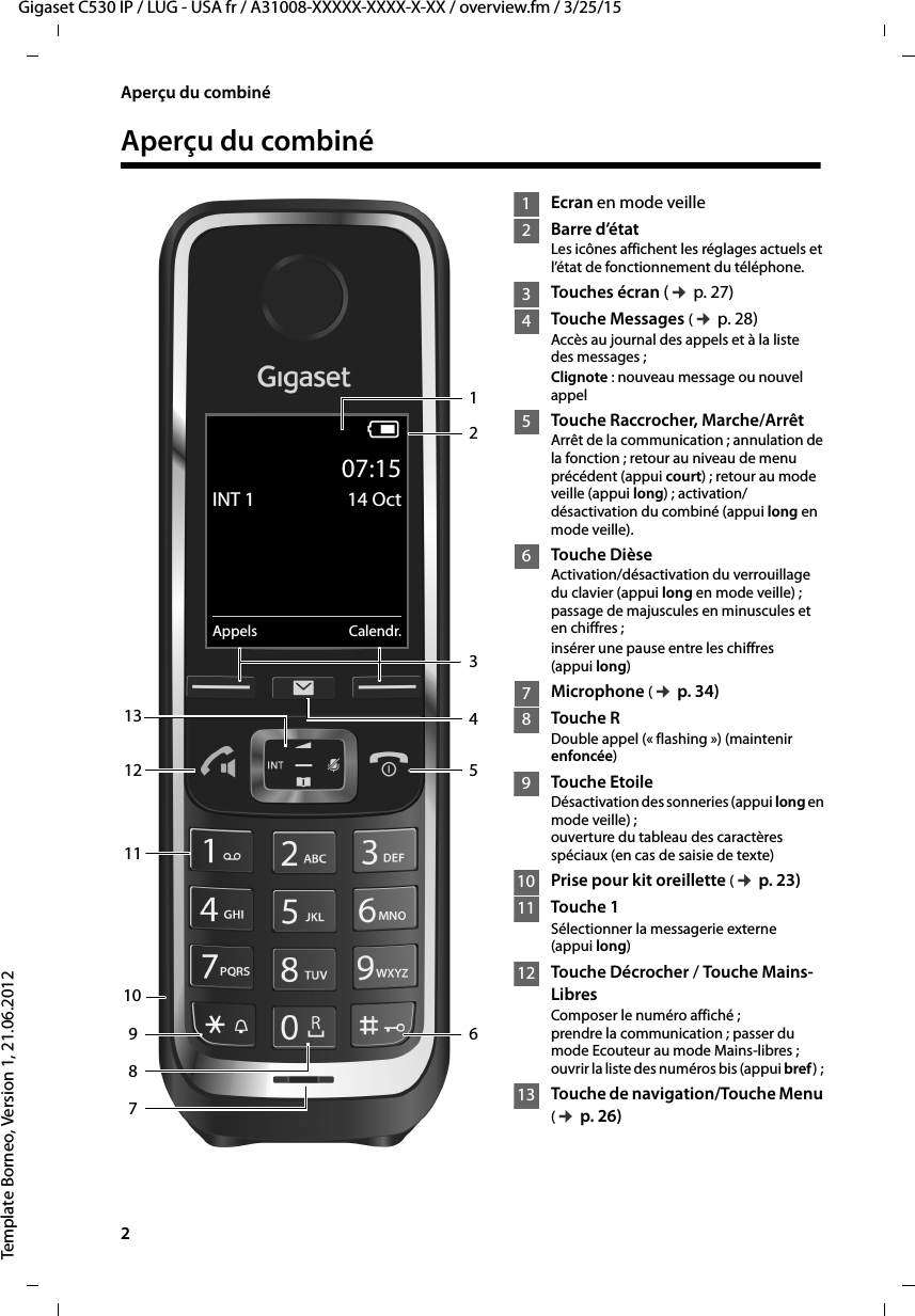 2  Gigaset C530 IP / LUG - USA fr / A31008-XXXXX-XXXX-X-XX / overview.fm / 3/25/15Template Borneo, Version 1, 21.06.2012Aperçu du combinéAperçu du combinéEcran en mode veilleBarre d’étatLes icônes affichent les réglages actuels et l’état de fonctionnement du téléphone.Touches écran (¢p. 27) Touche Messages (¢p. 28)Accès au journal des appels et à la liste desmessages;Clignote : nouveau message ou nouvel appelTouche Raccrocher, Marche/ArrêtArrêt de la communication ; annulation de la fonction ; retour au niveau de menu précédent (appui court) ; retour au mode veille (appui long) ; activation/désactivation du combiné (appui long en mode veille).Touche DièseActivation/désactivation du verrouillage du clavier (appui long en mode veille) ;passage de majuscules en minuscules et en chiffres ;insérer une pause entre les chiffres (appui long)Microphone (¢p. 34)Touche RDouble appel (« flashing ») (maintenir enfoncée)Touche EtoileDésactivation des sonneries (appui long en mode veille) ;ouverture du tableau des caractères spéciaux (en cas de saisie de texte)Prise pour kit oreillette (¢p. 23)Touche 1Sélectionner la messagerie externe (appui long)Touche Décrocher / Touche Mains-LibresComposer le numéro affiché ;prendre la communication ; passer du mode Ecouteur au mode Mains-libres ; ouvrir la liste des numéros bis (appui bref); Touche de navigation/Touche Menu (¢p. 26)iV07:15INT 1 14 OctAppels Calendr.1234567111213891012345678910111213