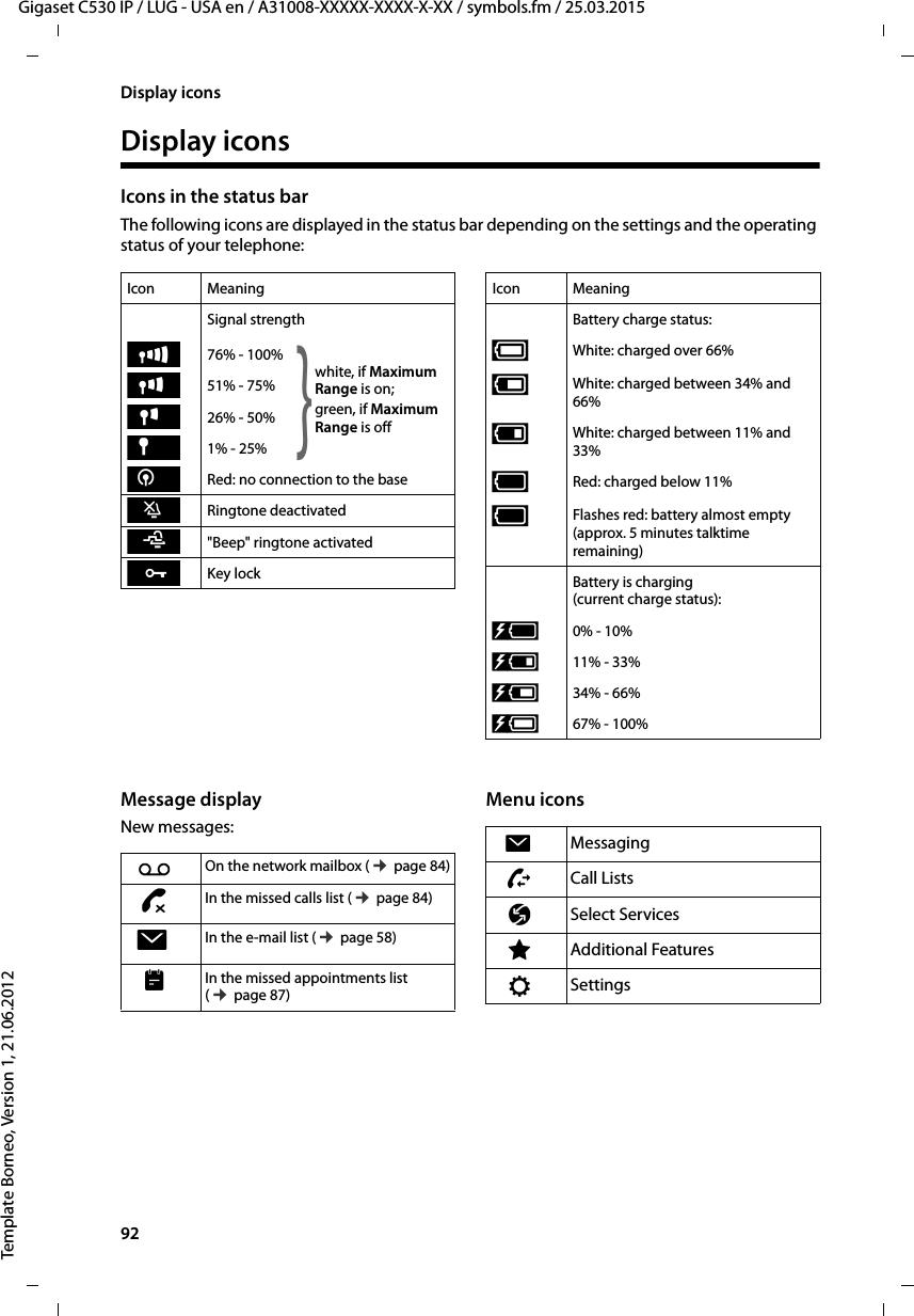 92  Gigaset C530 IP / LUG - USA en / A31008-XXXXX-XXXX-X-XX / symbols.fm / 25.03.2015Template Borneo, Version 1, 21.06.2012Display iconsDisplay iconsIcons in the status barThe following icons are displayed in the status bar depending on the settings and the operating status of your telephone:Message displayNew messages: Menu iconsIcon MeaningSignal strength 76% - 100%51% - 75%26% - 50%1% - 25%Red: no connection to the base Ringtone deactivated&quot;Beep&quot; ringtone activatedKey lockÐwhite, if Maximum Range is on; green, if Maximum Range is off}iÑÒ¼óñ˝Battery charge status:{White: charged over 66%{White: charged between 34% and 66%yWhite: charged between 11% and 33%yRed: charged below 11%yFlashes red: battery almost empty (approx. 5 minutes talktime remaining)Battery is charging (current charge status):xy 0% - 10% xy11% - 33% x{ 34% - 66% x{67% - 100% Icon MeaningÃOn the network mailbox (¢page 84)™In the missed calls list (¢page 84)ËIn the e-mail list (¢page 58)In the missed appointments list (¢page 87)ËMessagingÊCall ListsÇSelect ServicesÉAdditional FeaturesÏSettings