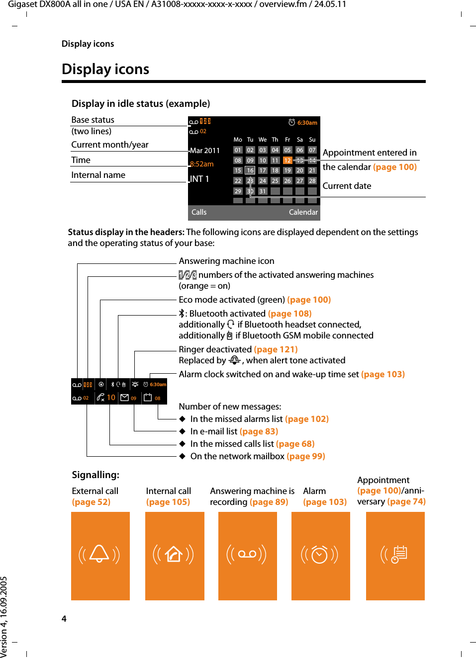 4Display iconsGigaset DX800A all in one / USA EN / A31008-xxxxx-xxxx-x-xxxx / overview.fm / 24.05.11Version 4, 16.09.2005Display iconsÃ1 2 3·6:30amÃ02Mar 20118:52amINT 1Calls CalendarMo Tu We Th Fr Sa Su01 02 03 04 05 06 0708 09 10 11 12 13 1415 16 17 18 19 20 2122 23 24 25 26 27 2829 30 31Base status(two lines)Current month/year TimeInternal name ØÙÚSignalling: External call(page 52)ØãÚ ØÃÚInternal call (page 105)Answering machine is recording (page 89)Ã1 2 3¼òôl ó·6:30amÃ02 ™ 10 Ë 09 n08ØÜAppointment (page 100)/anni-versary (page 74)Ø¼ÚAlarm(page 103)Answering machine icon1/2/3 numbers of the activated answering machines (orange = on)Eco mode activated (green) (page 100)ò:Bluetooth activated (page 108)additionally ô if Bluetooth headset connected, additionally l if Bluetooth GSM mobile connected Ringer deactivated (page 121)Replaced by ñ, when alert tone activated Alarm clock switched on and wake-up time set (page 103)Number of new messages:uIn the missed alarms list (page 102)uIn e-mail list (page 83)uIn the missed calls list (page 68)uOn the network mailbox (page 99)Display in idle status (example)Appointment entered inthe calendar (page 100)Current date Status display in the headers: The following icons are displayed dependent on the settings and the operating status of your base: 