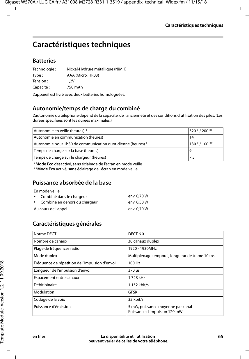 Gigaset W570A / LUG CA fr / A31008-M2728-R331-1-3S19 / appendix_technical_Widex.fm / 11/15/18Template Module, Version 1.2, 11.09.2018Caractéristiques techniquesLa disponibilité et l’utilisation  peuvent varier de celles de votre téléphone. 65en fr esCaractéristiques techniquesBatteriesL’appareil est livré avec deux batteries homologuées.Autonomie/temps de charge du combinéL’autonomie du téléphone dépend de la capacité, de l’ancienneté et des conditions d’utilisation des piles. (Les durées spécifiées sont les durées maximales.)Puissance absorbée de la baseCaractéristiques généralesTechnologie :  Nickel-Hydrure métallique (NiMH)Type :  AAA (Micro, HR03)Tension : 1,2VCapacité : 750 mAhAutonomie en veille (heures) * 320 * / 200 **Autonomie en communication (heures) 14Autonomie pour 1h30 de communication quotidienne (heures) * 130 * / 100 **Temps de charge sur la base (heures)  9Temps de charge sur le chargeur (heures)  7,5*Mode Eco désactivé, sans éclairage de l’écran en mode veille**Mode Eco activé, sans éclairage de l’écran en mode veilleEn mode veille•Combiné dans le chargeur•Combiné en dehors du chargeurenv. 0,70 Wenv. 0,50 WAu cours de l’appel env. 0,70 WNorme DECT DECT 6.0Nombre de canaux 30 canaux duplexPlage de fréquences radio 1920 - 1930MHzMode duplex Multiplexage temporel, longueur de trame 10 msFréquence de répétition de l&apos;impulsion d&apos;envoi 100 HzLongueur de l&apos;impulsion d&apos;envoi 370 μsEspacement entre canaux 1 728 kHzDébit binaire 1 152 kbit/sModulation GFSKCodage de la voix 32 kbit/sPuissance d&apos;émission 5 mW, puissance moyenne par canalPuissance d&apos;impulsion 120 mW