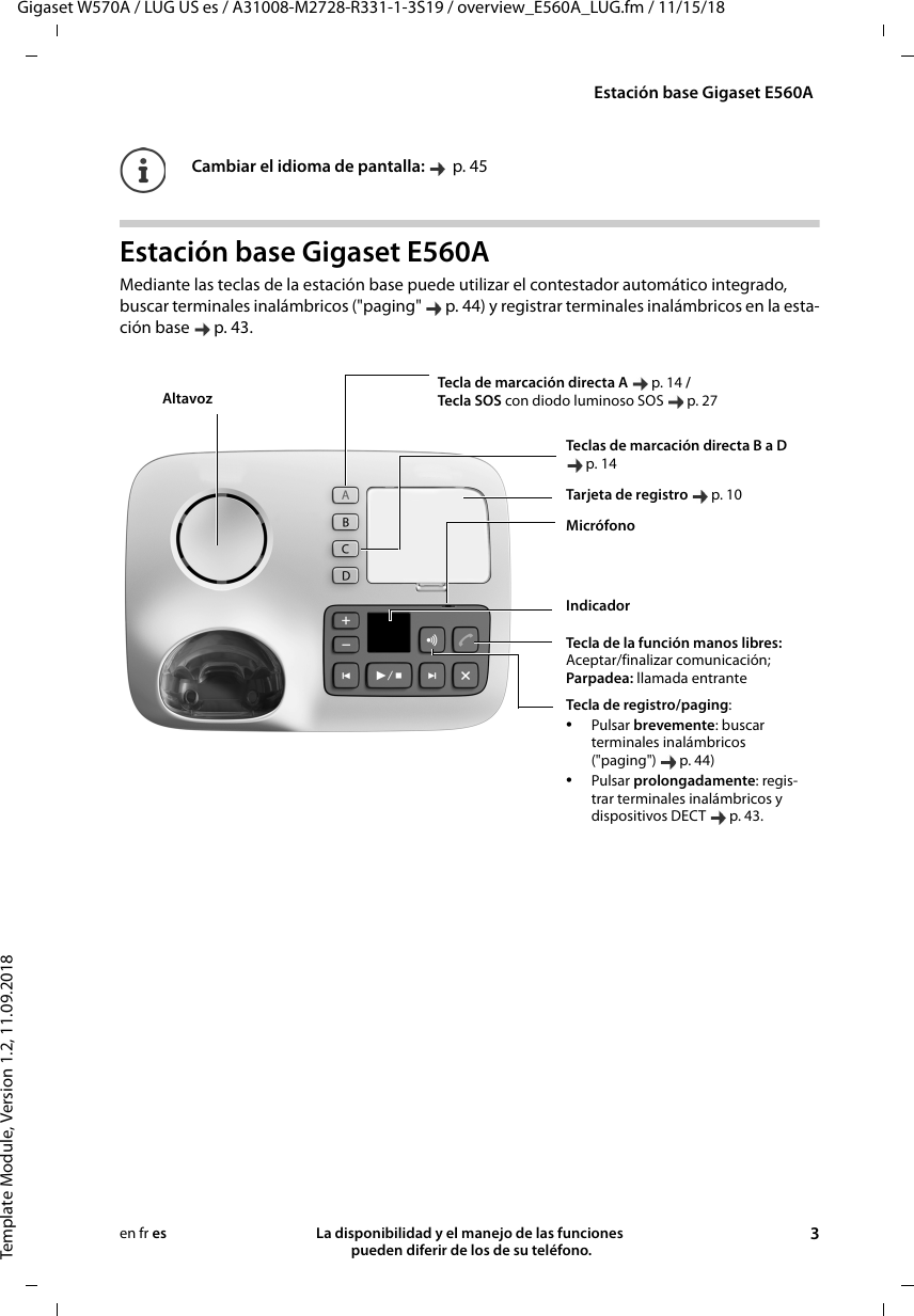 Gigaset W570A / LUG US es / A31008-M2728-R331-1-3S19 / overview_E560A_LUG.fm / 11/15/18Template Module, Version 1.2, 11.09.2018Estación base Gigaset E560ALa disponibilidad y el manejo de las funciones  pueden diferir de los de su teléfono. 3en fr esEstación base Gigaset E560AMediante las teclas de la estación base puede utilizar el contestador automático integrado, buscar terminales inalámbricos (&quot;paging&quot;  p. 44) y registrar terminales inalámbricos en la esta-ción base  p. 43.Cambiar el idioma de pantalla:   p. 45 Teclas de marcación directa B a D p. 14Tarjeta de registro  p. 10MicrófonoIndicadorTecla de marcación directa A  p. 14 / Tecla SOS con diodo luminoso SOS  p. 27Tecla de la función manos libres: Aceptar/finalizar comunicación; Parpadea: llamada entranteTecla de registro/paging: •Pulsar brevemente: buscar terminales inalámbricos (&quot;paging&quot;) p. 44)•Pulsar prolongadamente: regis-trar terminales inalámbricos y dispositivos DECT p. 43.Altavoz