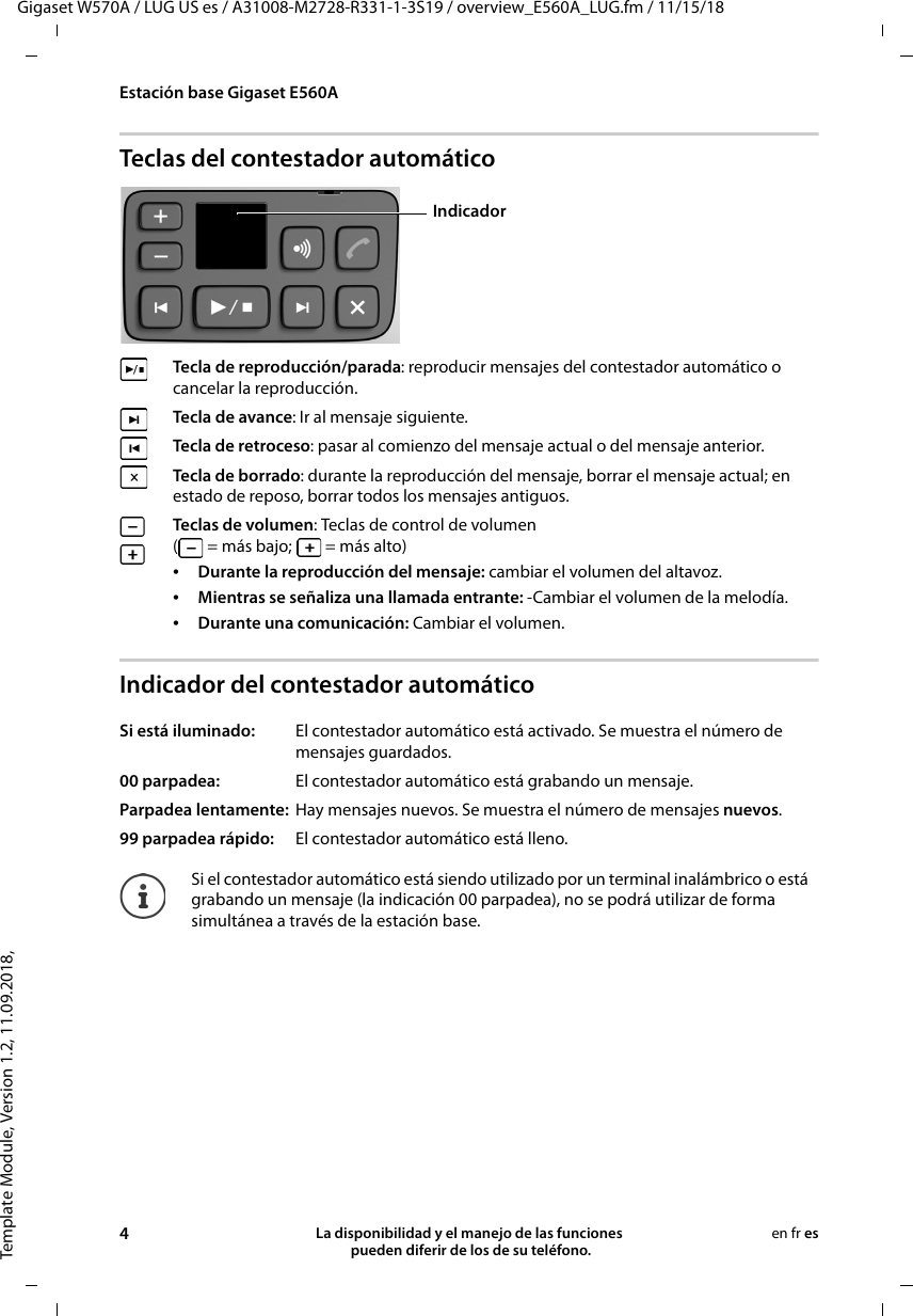 Template Module, Version 1.2, 11.09.2018,Estación base Gigaset E560AGigaset W570A / LUG US es / A31008-M2728-R331-1-3S19 / overview_E560A_LUG.fm / 11/15/184La disponibilidad y el manejo de las funciones  pueden diferir de los de su teléfono.en fr esTeclas del contestador automáticoIndicador del contestador automáticoTecla de reproducción/parada: reproducir mensajes del contestador automático o cancelar la reproducción. Tecla de avance: Ir al mensaje siguiente.Tecla de retroceso: pasar al comienzo del mensaje actual o del mensaje anterior.Tecla de borrado: durante la reproducción del mensaje, borrar el mensaje actual; en estado de reposo, borrar todos los mensajes antiguos. Teclas de volumen: Teclas de control de volumen (  = más bajo;   = más alto)•Durante la reproducción del mensaje: cambiar el volumen del altavoz.•Mientras se señaliza una llamada entrante: -Cambiar el volumen de la melodía.•Durante una comunicación: Cambiar el volumen.Si está iluminado:  El contestador automático está activado. Se muestra el número de mensajes guardados.00 parpadea: El contestador automático está grabando un mensaje.Parpadea lentamente:  Hay mensajes nuevos. Se muestra el número de mensajes nuevos.99 parpadea rápido:  El contestador automático está lleno.Si el contestador automático está siendo utilizado por un terminal inalámbrico o está grabando un mensaje (la indicación 00 parpadea), no se podrá utilizar de forma simultánea a través de la estación base.Indicador