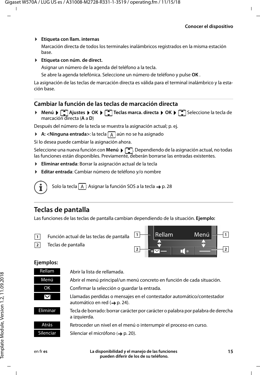 Gigaset W570A / LUG US es / A31008-M2728-R331-1-3S19 / operating.fm / 11/15/18Template Module, Version 1.2, 11.09.2018Conocer el dispositivoLa disponibilidad y el manejo de las funciones  pueden diferir de los de su teléfono. 15en fr es¤Etiqueta con llam. internasMarcación directa de todos los terminales inalámbricos registrados en la misma estación base.¤Etiqueta con núm. de direct.  Asignar un número de la agenda del teléfono a la tecla. Se abre la agenda telefónica. Seleccione un número de teléfono y pulse OK .La asignación de las teclas de marcación directa es válida para el terminal inalámbrico y la esta-ción base.Cambiar la función de las teclas de marcación directa¤Menú    Ajustes  OK    Teclas marca. directa  OK    Seleccione la tecla de marcación directa (A a D)Después del número de la tecla se muestra la asignación actual; p. ej.¤A: &lt;Ninguna entrada&gt;: la tecla   aún no se ha asignadoSi lo desea puede cambiar la asignación ahora.Seleccione una nueva función con Menú   . Dependiendo de la asignación actual, no todas las funciones están disponibles. Previamente, deberán borrarse las entradas existentes.¤Eliminar entrada: Borrar la asignación actual de la tecla¤Editar entrada: Cambiar número de teléfono y/o nombreTeclas de pantallaLas funciones de las teclas de pantalla cambian dependiendo de la situación. Ejemplo:Ejemplos:Solo la tecla  : Asignar la función SOS a la tecla  p. 28Rellam MenúFunción actual de las teclas de pantallaTeclas de pantalla121212Abrir la lista de rellamada.Abrir el menú principal/un menú concreto en función de cada situación.Confirmar la selección o guardar la entrada.Llamadas perdidas o mensajes en el contestador automático/contestador automático en red ( p. 24).Tecla de borrado: borrar carácter por carácter o palabra por palabra de derecha a izquierda.Retroceder un nivel en el menú o interrumpir el proceso en curso.Silenciar el micrófono (p. 20).RellamMenúOKEliminarAtrásSilenciar