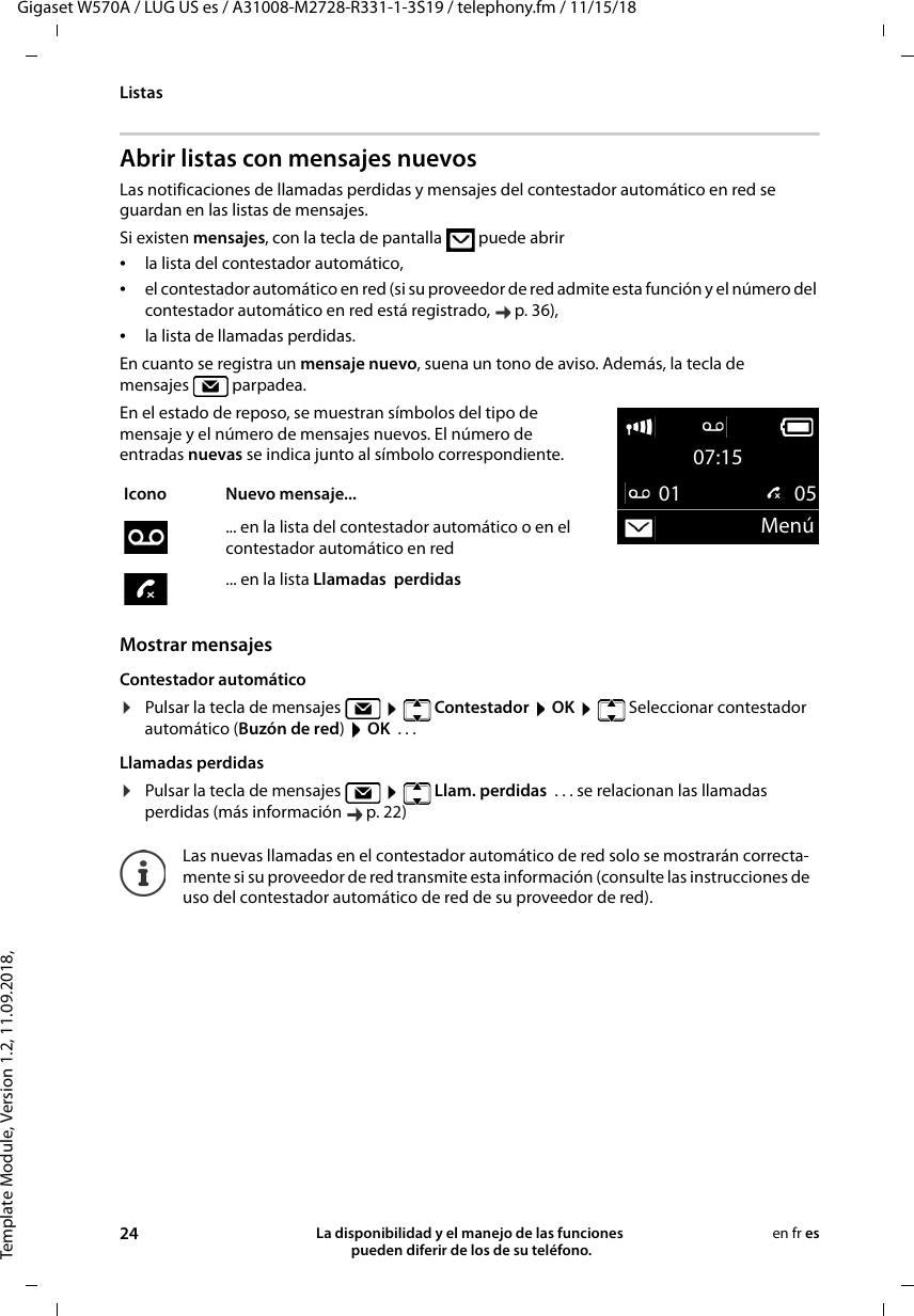 Template Module, Version 1.2, 11.09.2018,ListasGigaset W570A / LUG US es / A31008-M2728-R331-1-3S19 / telephony.fm / 11/15/1824 La disponibilidad y el manejo de las funciones  pueden diferir de los de su teléfono.en fr esAbrir listas con mensajes nuevos Las notificaciones de llamadas perdidas y mensajes del contestador automático en red se guardan en las listas de mensajes. Si existen mensajes, con la tecla de pantalla   puede abrir •la lista del contestador automático, •el contestador automático en red (si su proveedor de red admite esta función y el número del contestador automático en red está registrado,  p. 36),•la lista de llamadas perdidas.En cuanto se registra un mensaje nuevo, suena un tono de aviso. Además, la tecla de mensajes  parpadea.En el estado de reposo, se muestran símbolos del tipo de mensaje y el número de mensajes nuevos. El número de entradas nuevas se indica junto al símbolo correspondiente.Mostrar mensajesContestador automático¤Pulsar la tecla de mensajes     Contestador  OK    Seleccionar contestador automático (Buzón de red) OK  ... Llamadas perdidas¤Pulsar la tecla de mensajes     Llam. perdidas  . . . se relacionan las llamadas perdidas (más información  p. 22)Icono Nuevo mensaje... ... en la lista del contestador automático o en el contestador automático en red... en la lista Llamadas  perdidasLas nuevas llamadas en el contestador automático de red solo se mostrarán correcta-mente si su proveedor de red transmite esta información (consulte las instrucciones de uso del contestador automático de red de su proveedor de red).07:1501  05Menú