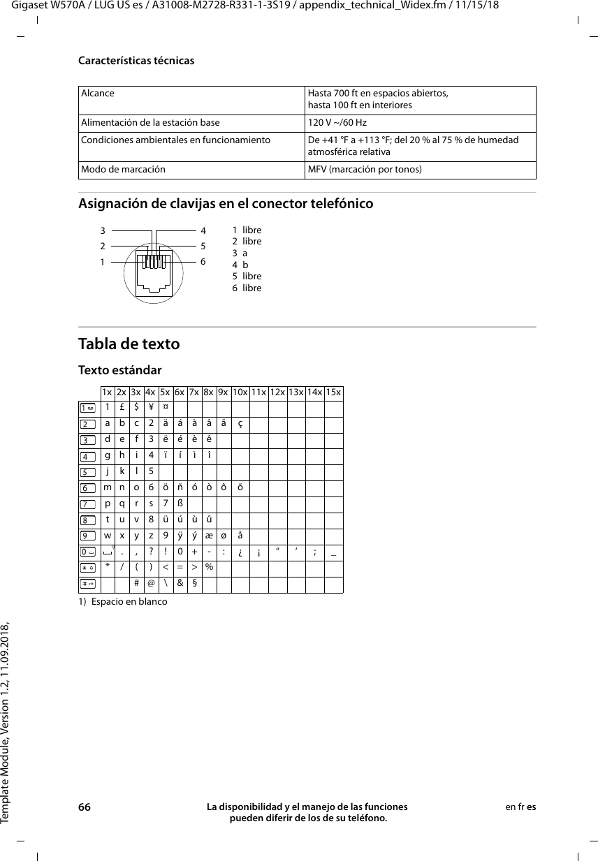 Template Module, Version 1.2, 11.09.2018,Características técnicasGigaset W570A / LUG US es / A31008-M2728-R331-1-3S19 / appendix_technical_Widex.fm / 11/15/1866 La disponibilidad y el manejo de las funciones  pueden diferir de los de su teléfono.en fr esAsignación de clavijas en el conector telefónicoTabla de textoTexto estándar1) Espacio en blancoAlcance Hasta 700 ft en espacios abiertos, hasta 100 ft en interioresAlimentación de la estación base 120 V ~/60 HzCondiciones ambientales en funcionamiento De +41 °F a +113 °F; del 20 % al 75 % de humedad atmosférica relativaModo de marcación MFV (marcación por tonos)1libre2libre3a4b5libre6libre1x 2x 3x 4x 5x 6x 7x 8x 9x 10x 11x 12x 13x 14x 15x1£$¥¤abc2äáàâã çdef 3ëéèêgh i4ïíìîjkl5mno6öñóòô õpqr s7ßtuv8üúùûwx y z 9 ÿ ýæø å.,?!0+-:¿ ¡ “ ‘ ; _* / ( ) &lt;=&gt;%#@\ &amp;§3 214 5 6 1)