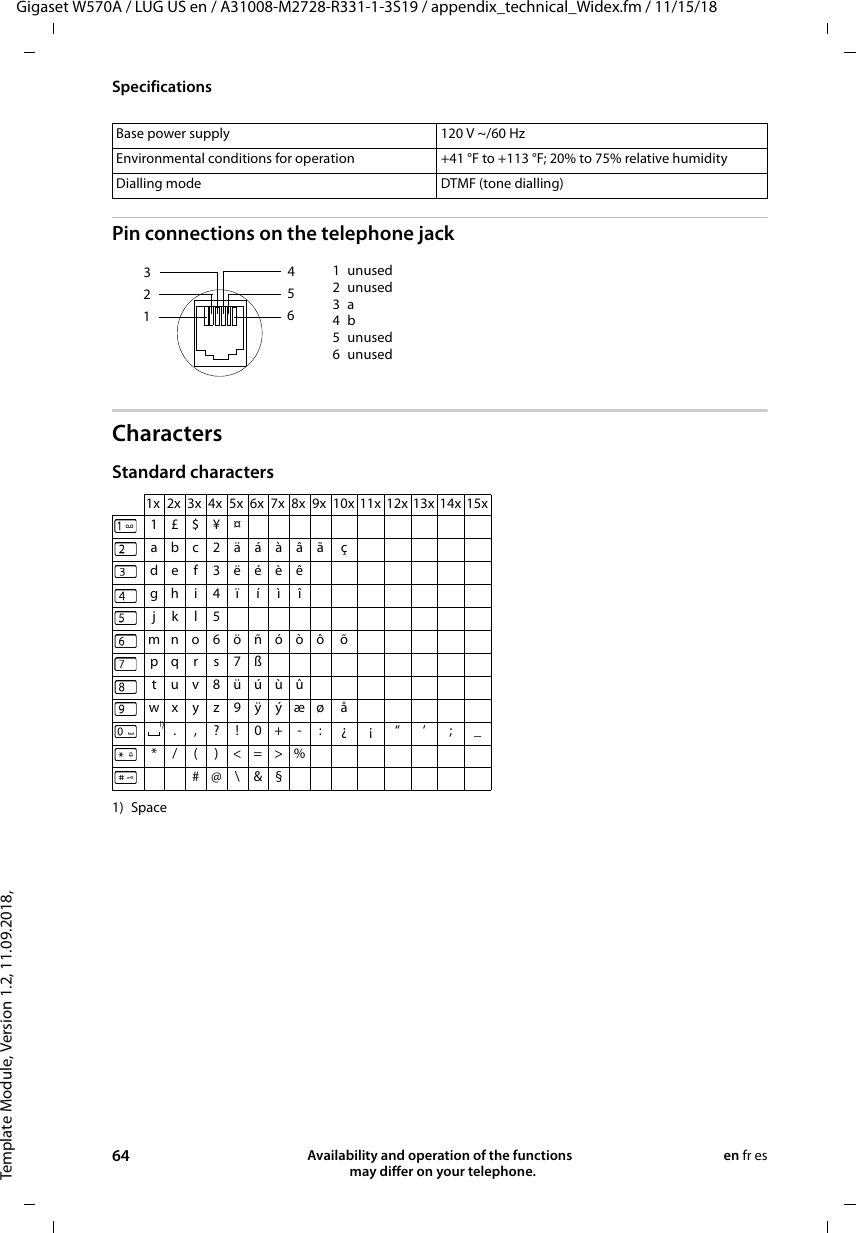 Template Module, Version 1.2, 11.09.2018,SpecificationsGigaset W570A / LUG US en / A31008-M2728-R331-1-3S19 / appendix_technical_Widex.fm / 11/15/1864 Availability and operation of the functions   may differ on your telephone.en fr esPin connections on the telephone jackCharactersStandard characters1) SpaceBase power supply 120 V ~/60 HzEnvironmental conditions for operation +41 °F to +113 °F; 20% to 75% relative humidityDialling mode DTMF (tone dialling)1unused2unused3a4b5unused6unused1x 2x 3x 4x 5x 6x 7x 8x 9x 10x 11x 12x 13x 14x 15x1£$¥¤abc2äáàâã çdef 3ëéèêgh i4ïíìîjkl5mno6öñóòô õpqr s7ßtuv8üúùûwx y z 9 ÿ ýæø å.,?!0+-:¿ ¡ “ ‘ ; _* / ( ) &lt;=&gt;%#@\ &amp;§3 214 5 6 1)