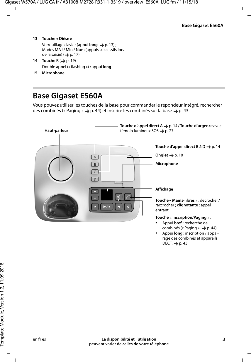 Gigaset W570A / LUG CA fr / A31008-M2728-R331-1-3S19 / overview_E560A_LUG.fm / 11/15/18Template Module, Version 1.2, 11.09.2018Base Gigaset E560ALa disponibilité et l’utilisation  peuvent varier de celles de votre téléphone. 3en fr esBase Gigaset E560AVous pouvez utiliser les touches de la base pour commander le répondeur intégré, rechercher des combinés (« Paging »  p. 44) et inscrire les combinés sur la base  p. 43.13 Touche « Dièse »Verrouillage clavier (appui long, p. 13) ; Modes MAJ / Min / Num (appuis successifs lors de la saisie) ( p. 17)14 Touche R (p.19)Double appel (« flashing ») : appui long15 Microphone  Touche d’appel direct B à D  p. 14Onglet p. 10MicrophoneAffichageTouche d’appel direct A  p. 14 / Touche d’urgence avec témoin lumineux SOS  p. 27Touche  « Mai ns-lib res » : décrocher / raccrocher ; clignotante : appel entrantTouche « Inscription/Paging » :•Appui bref : recherche de combinés (« Paging »,  p. 44)•Appui long : inscription / appai-rage des combinés et appareils DECT, p. 43.Haut-parleur 