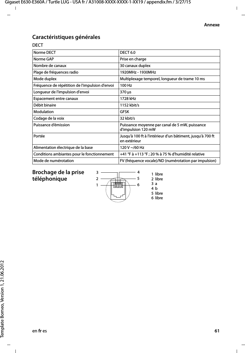 en fr es 61Gigaset E630-E360A / Turtle LUG - USA fr / A31008-XXXX-XXXX-1-XX19 / appendix.fm / 3/27/15Template Borneo, Version 1, 21.06.2012AnnexeCaractéristiques généralesDECTBrochage de la prise téléphoniqueNorme DECT DECT 6.0Norme GAP Prise en chargeNombre de canaux 30 canaux duplexPlage de fréquences radio 1920MHz - 1930MHzMode duplex Multiplexage temporel, longueur de trame 10 msFréquence de répétition de l&apos;impulsion d&apos;envoi 100 HzLongueur de l&apos;impulsion d&apos;envoi 370 μsEspacement entre canaux 1728 kHzDébit binaire 1152 kbit/sModulation GFSKCodage de la voix 32 kbit/sPuissance d’émission Puissance moyenne par canal de 5 mW, puissance d&apos;impulsion 120 mWPortée Jusqu&apos;à 100 ft à l&apos;intérieur d&apos;un bâtiment, jusqu&apos;à 700 ft en extérieurAlimentation électrique de la base 120 V ~/60 HzConditions ambiantes pour le fonctionnement +41 °F à +113 °F ; 20 % à 75 % d&apos;humidité relativeMode de numérotation FV (fréquence vocale)/ND (numérotation par impulsion)3 214 5 6 1libre2libre3a4b5libre6libre