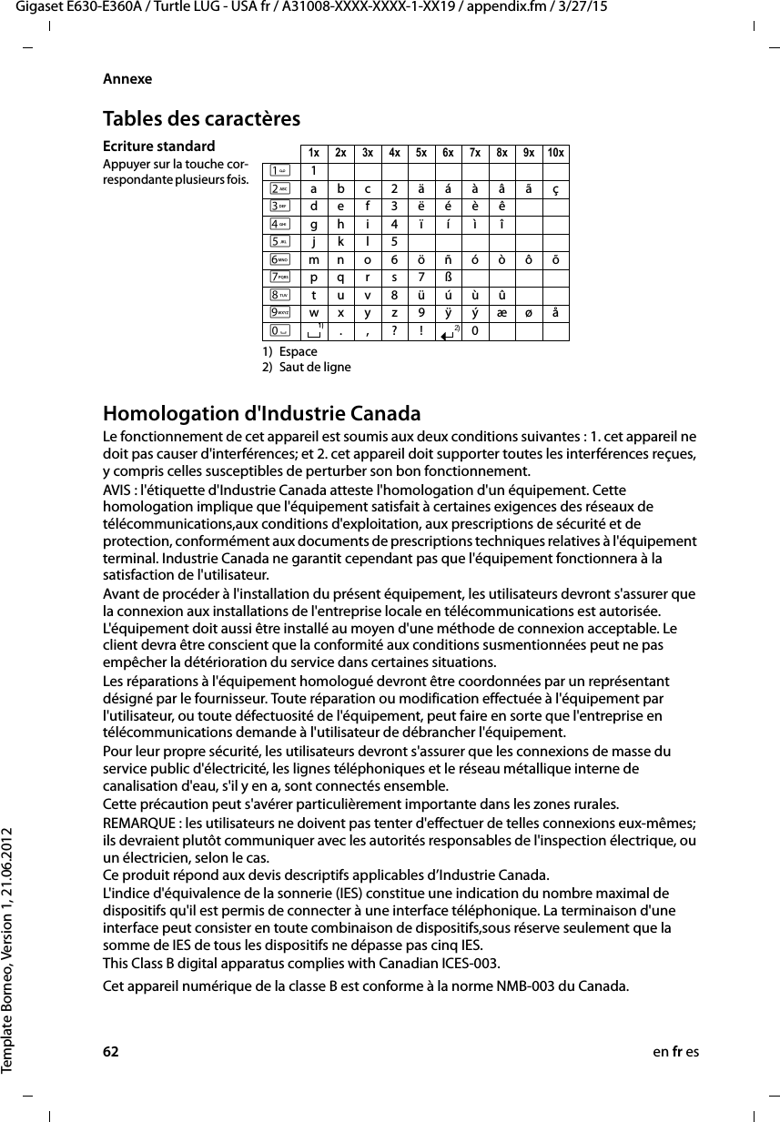 62 en fr esGigaset E630-E360A / Turtle LUG - USA fr / A31008-XXXX-XXXX-1-XX19 / appendix.fm / 3/27/15Template Borneo, Version 1, 21.06.2012AnnexeTables des caractèresHomologation d&apos;Industrie CanadaLe fonctionnement de cet appareil est soumis aux deux conditions suivantes : 1. cet appareil ne doit pas causer d&apos;interférences; et 2. cet appareil doit supporter toutes les interférences reçues, y compris celles susceptibles de perturber son bon fonctionnement.AVIS : l&apos;étiquette d&apos;Industrie Canada atteste l&apos;homologation d&apos;un équipement. Cette homologation implique que l&apos;équipement satisfait à certaines exigences des réseaux de télécommunications,aux conditions d&apos;exploitation, aux prescriptions de sécurité et de protection, conformément aux documents de prescriptions techniques relatives à l&apos;équipement terminal. Industrie Canada ne garantit cependant pas que l&apos;équipement fonctionnera à la satisfaction de l&apos;utilisateur.Avant de procéder à l&apos;installation du présent équipement, les utilisateurs devront s&apos;assurer que la connexion aux installations de l&apos;entreprise locale en télécommunications est autorisée. L&apos;équipement doit aussi être installé au moyen d&apos;une méthode de connexion acceptable. Le client devra être conscient que la conformité aux conditions susmentionnées peut ne pas empêcher la détérioration du service dans certaines situations.Les réparations à l&apos;équipement homologué devront être coordonnées par un représentant désigné par le fournisseur. Toute réparation ou modification effectuée à l&apos;équipement par l&apos;utilisateur, ou toute défectuosité de l&apos;équipement, peut faire en sorte que l&apos;entreprise en télécommunications demande à l&apos;utilisateur de débrancher l&apos;équipement.Pour leur propre sécurité, les utilisateurs devront s&apos;assurer que les connexions de masse du service public d&apos;électricité, les lignes téléphoniques et le réseau métallique interne de canalisation d&apos;eau, s&apos;il y en a, sont connectés ensemble.Cette précaution peut s&apos;avérer particulièrement importante dans les zones rurales. REMARQUE : les utilisateurs ne doivent pas tenter d&apos;effectuer de telles connexions eux-mêmes; ils devraient plutôt communiquer avec les autorités responsables de l&apos;inspection électrique, ou un électricien, selon le cas. Ce produit répond aux devis descriptifs applicables d’Industrie Canada.L&apos;indice d&apos;équivalence de la sonnerie (IES) constitue une indication du nombre maximal de dispositifs qu&apos;il est permis de connecter à une interface téléphonique. La terminaison d&apos;une interface peut consister en toute combinaison de dispositifs,sous réserve seulement que la somme de IES de tous les dispositifs ne dépasse pas cinq IES.This Class B digital apparatus complies with Canadian ICES-003.Cet appareil numérique de la classe B est conforme à la norme NMB-003 du Canada.Ecriture standardAppuyer sur la touche cor-respondante plusieurs fois. 1) Espace 2)  Saut de ligne1x 2x 3x 4x 5x 6x 7x 8x 9x 10x12abc2äáàâãç3def3ëéèê4gh i4ïíìî5jkl5Lmno6öñóòôõMpqr s7ßNtuv8üúùûOwx y z 9 ÿýæøåQ.,?! 01)2)