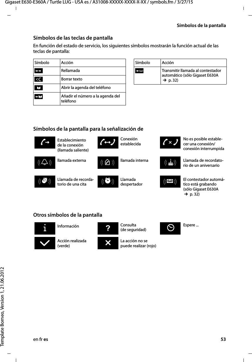 en fr es 53Gigaset E630-E360A / Turtle LUG - USA es / A31008-XXXXX-XXXX-X-XX / symbols.fm / 3/27/15Template Borneo, Version 1, 21.06.2012Símbolos de la pantallaSímbolos de las teclas de pantallaEn función del estado de servicio, los siguientes símbolos mostrarán la función actual de las teclas de pantalla: Símbolos de la pantalla para la señalización de  Otros símbolos de la pantallaSímbolo AcciónÒRellamadaÑBorrar textoöAbrir la agenda del teléfono ÓAñadir el número a la agenda del teléfonoÔTransmitir llamada al contestador automático (sólo Gigaset E630A ¢ p. 32)Símbolo AcciónEstablecimiento de la conexión (llamada saliente)Conexión establecidaNo es posible estable-cer una conexión/conexión interrumpida zWXllamada externa  llamada interna Llamada de recordato-rio de un aniversarioØÙÚØãÚØðÚLlamada de recorda-torio de una citaLlamada despertadorEl contestador automá-tico está grabando (sólo Gigaset E630A ¢ p. 32)ØáÚØìÚØÌÚInformación Consulta (de seguridad) Espere ...Ð·ÛAcción realizada (verde)La acción no se puede realizar (rojo)‰Õ