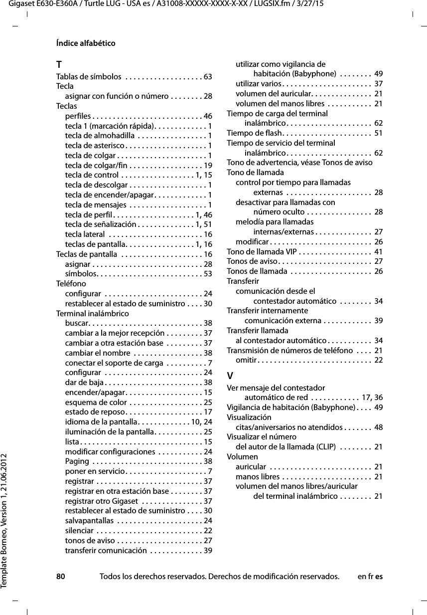 80 en fr esGigaset E630-E360A / Turtle LUG - USA es / A31008-XXXXX-XXXX-X-XX / LUGSIX.fm / 3/27/15Template Borneo, Version 1, 21.06.2012Índice alfabéticoTTablas de símbolos  . . . . . . . . . . . . . . . . . . . 63Teclaasignar con función o número . . . . . . . . 28Teclasperfiles . . . . . . . . . . . . . . . . . . . . . . . . . . . 46tecla 1 (marcación rápida). . . . . . . . . . . . . 1tecla de almohadilla  . . . . . . . . . . . . . . . . . 1tecla de asterisco . . . . . . . . . . . . . . . . . . . . 1tecla de colgar . . . . . . . . . . . . . . . . . . . . . . 1tecla de colgar/fin . . . . . . . . . . . . . . . . . . 19tecla de control . . . . . . . . . . . . . . . . . . 1, 15tecla de descolgar . . . . . . . . . . . . . . . . . . . 1tecla de encender/apagar. . . . . . . . . . . . . 1tecla de mensajes . . . . . . . . . . . . . . . . . . . 1tecla de perfil. . . . . . . . . . . . . . . . . . . . 1, 46tecla de señalización . . . . . . . . . . . . . . 1, 51tecla lateral  . . . . . . . . . . . . . . . . . . . . . . . 16teclas de pantalla. . . . . . . . . . . . . . . . . 1, 16Teclas de pantalla  . . . . . . . . . . . . . . . . . . . . 16asignar . . . . . . . . . . . . . . . . . . . . . . . . . . . 28símbolos. . . . . . . . . . . . . . . . . . . . . . . . . . 53Teléfonoconfigurar  . . . . . . . . . . . . . . . . . . . . . . . . 24restablecer al estado de suministro . . . . 30Terminal inalámbricobuscar. . . . . . . . . . . . . . . . . . . . . . . . . . . . 38cambiar a la mejor recepción . . . . . . . . . 37cambiar a otra estación base  . . . . . . . . . 37cambiar el nombre  . . . . . . . . . . . . . . . . . 38conectar el soporte de carga  . . . . . . . . . . 7configurar  . . . . . . . . . . . . . . . . . . . . . . . . 24dar de baja. . . . . . . . . . . . . . . . . . . . . . . . 38encender/apagar. . . . . . . . . . . . . . . . . . . 15esquema de color . . . . . . . . . . . . . . . . . . 25estado de reposo. . . . . . . . . . . . . . . . . . . 17idioma de la pantalla. . . . . . . . . . . . . 10, 24iluminación de la pantalla. . . . . . . . . . . . 25lista. . . . . . . . . . . . . . . . . . . . . . . . . . . . . . 15modificar configuraciones  . . . . . . . . . . . 24Paging  . . . . . . . . . . . . . . . . . . . . . . . . . . . 38poner en servicio. . . . . . . . . . . . . . . . . . . . 7registrar . . . . . . . . . . . . . . . . . . . . . . . . . . 37registrar en otra estación base . . . . . . . . 37registrar otro Gigaset  . . . . . . . . . . . . . . . 37restablecer al estado de suministro . . . . 30salvapantallas  . . . . . . . . . . . . . . . . . . . . . 24silenciar . . . . . . . . . . . . . . . . . . . . . . . . . . 22tonos de aviso . . . . . . . . . . . . . . . . . . . . . 27transferir comunicación . . . . . . . . . . . . . 39utilizar como vigilancia de  habitación (Babyphone)  . . . . . . . . 49utilizar varios. . . . . . . . . . . . . . . . . . . . . . 37volumen del auricular. . . . . . . . . . . . . . . 21volumen del manos libres  . . . . . . . . . . . 21Tiempo de carga del terminal  inalámbrico. . . . . . . . . . . . . . . . . . . . . 62Tiempo de flash. . . . . . . . . . . . . . . . . . . . . . 51Tiempo de servicio del terminal  inalámbrico. . . . . . . . . . . . . . . . . . . . . 62Tono de advertencia, véase Tonos de avisoTono de llamadacontrol por tiempo para llamadas  externas  . . . . . . . . . . . . . . . . . . . . . 28desactivar para llamadas con  número oculto . . . . . . . . . . . . . . . . 28melodía para llamadas  internas/externas . . . . . . . . . . . . . . 27modificar . . . . . . . . . . . . . . . . . . . . . . . . . 26Tono de llamada VIP . . . . . . . . . . . . . . . . . . 41Tonos de aviso . . . . . . . . . . . . . . . . . . . . . . . 27Tonos de llamada  . . . . . . . . . . . . . . . . . . . . 26Transferircomunicación desde el  contestador automático  . . . . . . . . 34Transferir internamente  comunicación externa . . . . . . . . . . . . 39Transferir llamadaal contestador automático . . . . . . . . . . . 34Transmisión de números de teléfono  . . . .  21omitir. . . . . . . . . . . . . . . . . . . . . . . . . . . . 22VVer mensaje del contestador  automático de red . . . . . . . . . . . . 17, 36Vigilancia de habitación (Babyphone). . . . 49Visualizacióncitas/aniversarios no atendidos . . . . . . . 48Visualizar el númerodel autor de la llamada (CLIP)  . . . . . . . . 21Volumenauricular  . . . . . . . . . . . . . . . . . . . . . . . . . 21manos libres . . . . . . . . . . . . . . . . . . . . . . 21volumen del manos libres/auricular  del terminal inalámbrico . . . . . . . . 21Todos los derechos reservados. Derechos de modificación reservados.