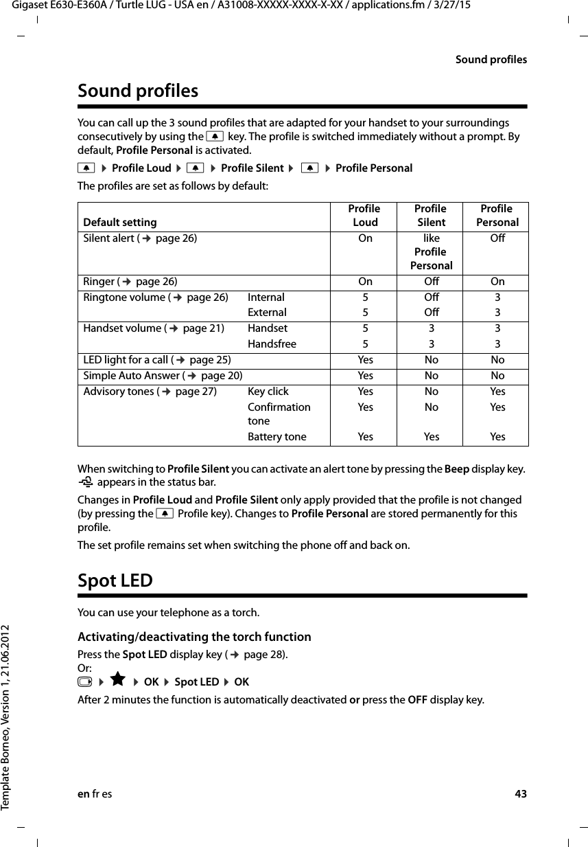 en fr es 43Gigaset E630-E360A / Turtle LUG - USA en / A31008-XXXXX-XXXX-X-XX / applications.fm / 3/27/15Template Borneo, Version 1, 21.06.2012Sound profilesSound profilesYou can call up the 3 sound profiles that are adapted for your handset to your surroundings consecutively by using the C key. The profile is switched immediately without a prompt. By default, Profile Personal is activated.C ¤ Profile Loud ¤ C ¤ Profile Silent ¤  C ¤ Profile Personal The profiles are set as follows by default:When switching to Profile Silent you can activate an alert tone by pressing the Beep display key. ñ appears in the status bar. Changes in Profile Loud and Profile Silent only apply provided that the profile is not changed (by pressing the C Profile key). Changes to Profile Personal are stored permanently for this profile.The set profile remains set when switching the phone off and back on.Spot LEDYou can use your telephone as a torch.Activating/deactivating the torch functionPress the Spot LED display key (¢ page 28). Or:  v ¤ É ¤ OK ¤ Spot LED ¤ OKAfter 2 minutes the function is automatically deactivated or press the OFF display key. Default settingProfile LoudProfile SilentProfile PersonalSilent alert (¢ page 26) On likeProfile PersonalOffRinger (¢ page 26) On Off OnRingtone volume (¢ page 26) Internal 5Off 3External 5Off 3Handset volume (¢ page 21) Handset 5 3 3Handsfree 5 3 3LED light for a call (¢ page 25) Yes No NoSimple Auto Answer (¢ page 20) Yes No NoAdvisory tones (¢ page 27) Key click Yes No YesConfirmation toneYes No YesBattery tone Yes Yes Yes