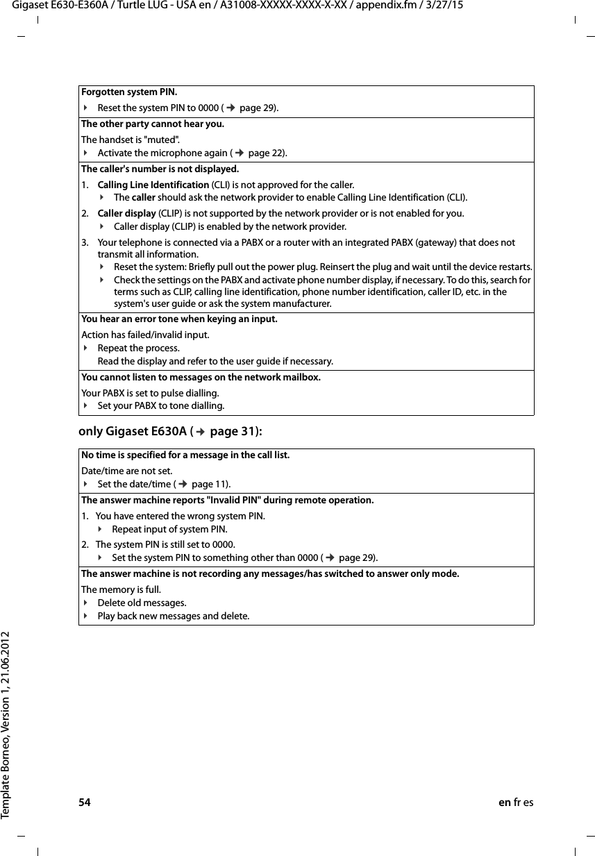 54 en fr esGigaset E630-E360A / Turtle LUG - USA en / A31008-XXXXX-XXXX-X-XX / appendix.fm / 3/27/15Template Borneo, Version 1, 21.06.2012only Gigaset E630A (¢ page 31): Forgotten system PIN. ¥Reset the system PIN to 0000 (¢ page 29).The other party cannot hear you. The handset is &quot;muted&quot;.¥Activate the microphone again (¢ page 22).The caller&apos;s number is not displayed.1. Calling Line Identification (CLI) is not approved for the caller.¥The caller should ask the network provider to enable Calling Line Identification (CLI).2. Caller display (CLIP) is not supported by the network provider or is not enabled for you.¥Caller display (CLIP) is enabled by the network provider.3. Your telephone is connected via a PABX or a router with an integrated PABX (gateway) that does not transmit all information.¥Reset the system: Briefly pull out the power plug. Reinsert the plug and wait until the device restarts.¥Check the settings on the PABX and activate phone number display, if necessary. To do this, search for terms such as CLIP, calling line identification, phone number identification, caller ID, etc. in the system&apos;s user guide or ask the system manufacturer. You hear an error tone when keying an input. Action has failed/invalid input. ¥Repeat the process. Read the display and refer to the user guide if necessary.You cannot listen to messages on the network mailbox.Your PABX is set to pulse dialling.¥Set your PABX to tone dialling.No time is specified for a message in the call list. Date/time are not set.¥Set the date/time (¢ page 11).The answer machine reports &quot;Invalid PIN&quot; during remote operation. 1. You have entered the wrong system PIN.¥Repeat input of system PIN.2. The system PIN is still set to 0000.¥Set the system PIN to something other than 0000 (¢ page 29).The answer machine is not recording any messages/has switched to answer only mode. The memory is full.¥Delete old messages.¥Play back new messages and delete.