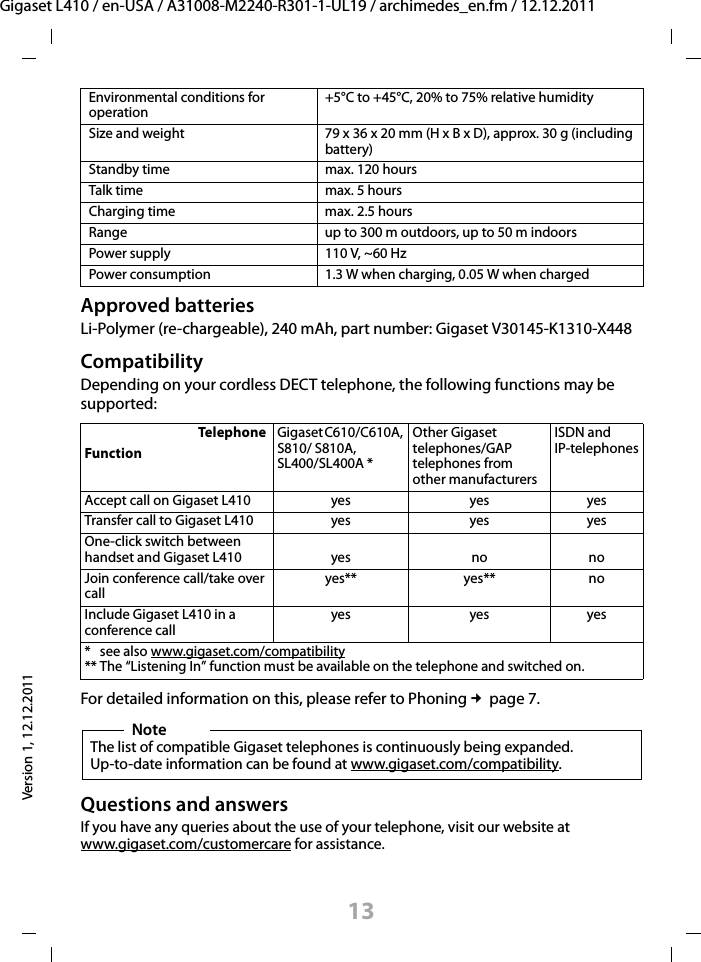 13Gigaset L410 / en-USA / A31008-M2240-R301-1-UL19 / archimedes_en.fm / 12.12.2011Version 1, 12.12.2011Approved batteriesLi-Polymer (re-chargeable), 240 mAh, part number: Gigaset V30145-K1310-X448CompatibilityDepending on your cordless DECT telephone, the following functions may be supported:For detailed information on this, please refer to Phoning£page 7. Questions and answersIf you have any queries about the use of your telephone, visit our website at www.gigaset.com/customercare for assistance. Environmental conditions for operation+5°C to +45°C, 20% to 75% relative humiditySize and weight 79 x 36 x 20 mm (H x B x D), approx. 30 g (including battery)Standby time max. 120 hoursTalk time max. 5 hoursCharging time max. 2.5 hoursRange up to 300 m outdoors, up to 50 m indoorsPower supply 110 V, ~60 HzPower consumption 1.3 W when charging, 0.05 W when chargedTelephone Gigaset C610/C610A, S810/ S810A, SL400/SL400A *Other Gigaset telephones/GAP telephones from other manufacturersISDN and IP-telephonesFunctionAccept call on Gigaset L410  yes yes yesTransfer call to Gigaset L410  yes yes yesOne-click switch between handset and Gigaset L410 yes no noJoin conference call/take over callyes** yes** noInclude Gigaset L410 in a conference callyes yes yes* see also www.gigaset.com/compatibility** The “Listening In” function must be available on the telephone and switched on.NoteThe list of compatible Gigaset telephones is continuously being expanded. Up-to-date information can be found at www.gigaset.com/compatibility.