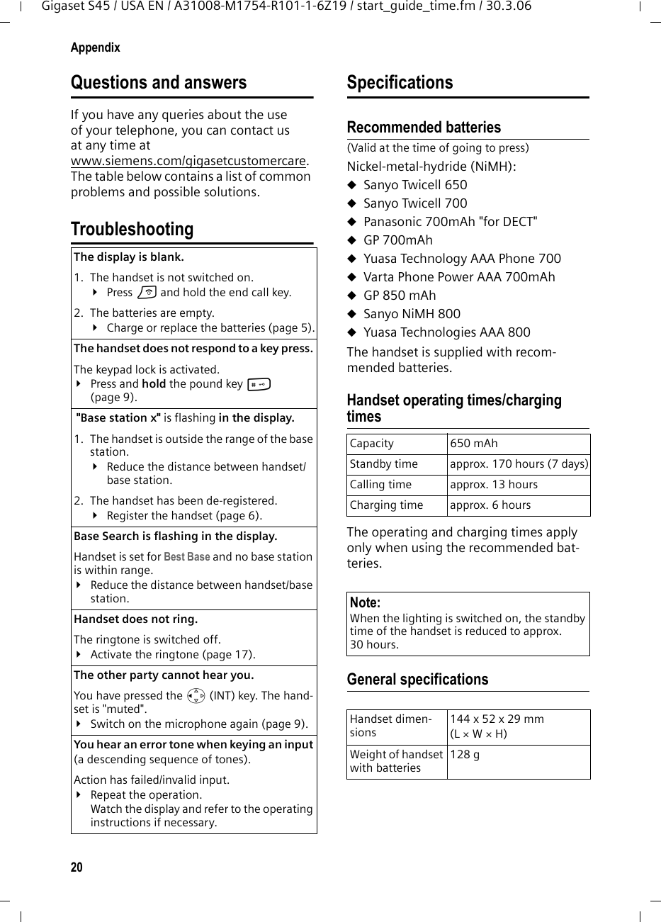 20AppendixGigaset S45 / USA EN / A31008-M1754-R101-1-6Z19 / start_guide_time.fm / 30.3.06Questions and answersIf you have any queries about the use of your telephone, you can contact us at any time at www.siemens.com/gigasetcustomercare. The table below contains a list of common problems and possible solutions.TroubleshootingSpecificationsRecommended batteries(Valid at the time of going to press)Nickel-metal-hydride (NiMH):uSanyo Twicell 650uSanyo Twicell 700uPanasonic 700mAh &quot;for DECT&quot;uGP 700mAhuYuasa Technology AAA Phone 700uVarta Phone Power AAA 700mAhuGP 850 mAhuSanyo NiMH 800uYuasa Technologies AAA 800The handset is supplied with recom-mended batteries.Handset operating times/charging timesThe operating and charging times apply only when using the recommended bat-teries.General specificationsThe display is blank. 1. The handset is not switched on.¥Press a and hold the end call key.2. The batteries are empty.¥Charge or replace the batteries (page 5).The handset does not respond to a key press. The keypad lock is activated.¥Press and hold the pound key # (page 9). &quot;Base station x&quot; is flashing in the display.1. The handset is outside the range of the base station.¥Reduce the distance between handset/base station.2. The handset has been de-registered.¥Register the handset (page 6).Base Search is flashing in the display. Handset is set for Best Base and no base station is within range.¥Reduce the distance between handset/base station.Handset does not ring. The ringtone is switched off.¥Activate the ringtone (page 17).The other party cannot hear you. You have pressed the u (INT) key. The hand-set is &quot;muted&quot;.¥Switch on the microphone again (page 9).You hear an error tone when keying an input (a descending sequence of tones).Action has failed/invalid input. ¥Repeat the operation. Watch the display and refer to the operating instructions if necessary.Capacity 650 mAhStandby time approx. 170 hours (7 days)Calling time approx. 13 hoursCharging time approx. 6 hoursNote:When the lighting is switched on, the standby time of the handset is reduced to approx. 30 hours.Handset dimen-sions144 x 52 x 29 mm (L × W × H)Weight of handset with batteries128 g