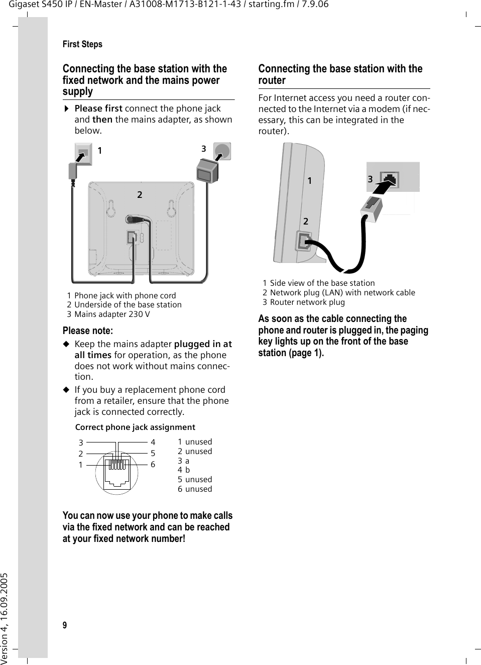 9First StepsGigaset S450 IP / EN-Master / A31008-M1713-B121-1-43 / starting.fm / 7.9.06Version 4, 16.09.2005Connecting the base station with the fixed network and the mains power supply ¤Please first connect the phone jack and then the mains adapter, as shown below.1 Phone jack with phone cord2 Underside of the base station3 Mains adapter 230 VPlease note: uKeep the mains adapter plugged in at all times for operation, as the phone does not work without mains connec-tion.uIf you buy a replacement phone cord from a retailer, ensure that the phone jack is connected correctly.You can now use your phone to make calls via the fixed network and can be reached at your fixed network number! Connecting the base station with the routerFor Internet access you need a router con-nected to the Internet via a modem (if nec-essary, this can be integrated in the router).1 Side view of the base station2 Network plug (LAN) with network cable3 Router network plugAs soon as the cable connecting the phone and router is plugged in, the paging key lights up on the front of the base station (page 1). Correct phone jack assignment 1unused2unused3a4b5unused6unused1323 214 5 6 1233