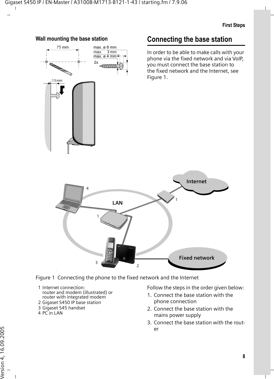 8First StepsGigaset S450 IP / EN-Master / A31008-M1713-B121-1-43 / starting.fm / 7.9.06Version 4, 16.09.2005Wall mounting the base station Connecting the base stationIn order to be able to make calls with your phone via the fixed network and via VoIP, you must connect the base station to the fixed network and the Internet, see Figure 1. 1 Internet connection: router and modem (illustrated) or router with integrated modem 2 Gigaset S450 IP base station3 Gigaset S45 handset4PC in LANFollow the steps in the order given below: 1. Connect the base station with the phone connection2. Connect the base station with the mains power supply3. Connect the base station with the rout-erFigure 1  Connecting the phone to the fixed network and the InternetInternetFixed network112LAN43