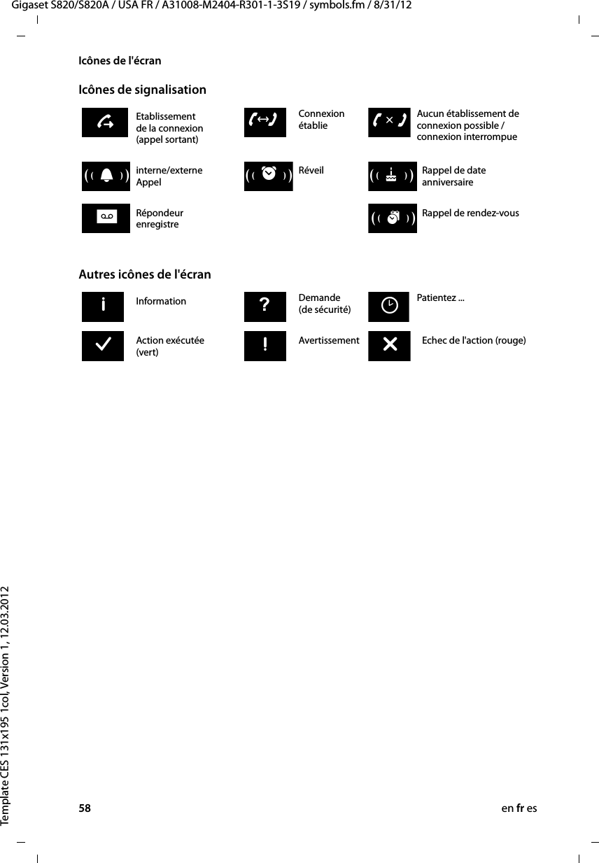 58 en fr esGigaset S820/S820A / USA FR / A31008-M2404-R301-1-3S19 / symbols.fm / 8/31/12Template CES 131x195 1col, Version 1, 12.03.2012Icônes de l&apos;écranIcônes de signalisation  Autres icônes de l&apos;écranEtablissement  de la connexion  (appel sortant)Connexion établieAucun établissement de connexion possible /connexion interrompue š&lt;binterne/externe  AppelRéveil Rappel de date anniversaireØ w ÚØ Ù ÚØ ð ÚRépondeur  enregistre Rappel de rendez-vous 6Ø á ÚInformation Demande (de sécurité) Patientez ...+- Ž Action exécutée  (vert)Avertissement Echec de l&apos;action (rouge)‰,À