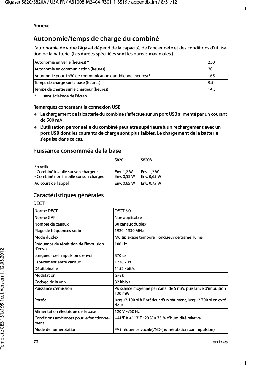 72 en fr esGigaset S820/S820A / USA FR / A31008-M2404-R301-1-3S19 / appendix.fm / 8/31/12Template CES 131x195 1col, Version 1, 12.03.2012AnnexeAutonomie/temps de charge du combinéL&apos;autonomie de votre Gigaset dépend de la capacité, de l&apos;ancienneté et des conditions d&apos;utilisa-tion de la batterie. (Les durées spécifiées sont les durées maximales.)Remarques concernant la connexion USBuLe chargement de la batterie du combiné s&apos;effectue sur un port USB alimenté par un courant de 500 mA. uL&apos;utilisation personnelle du combiné peut être supérieure à un rechargement avec un port USB dont les courants de charge sont plus faibles. Le chargement de la batterie s&apos;épuise dans ce cas.Puissance consommée de la baseCaractéristiques généralesDECTAutonomie en veille (heures) * 250Autonomie en communication (heures) 20Autonomie pour 1h30 de communication quotidienne (heures) * 165Temps de charge sur la base (heures)  9.5Temps de charge sur le chargeur (heures)  14.5*sans éclairage de l&apos;écranS820 S820AEn veille - Combiné installé sur son chargeur - Combiné non installé sur son chargeur Env. 1,2 W Env. 0,55 W Env. 1,2 W Env. 0,65 WAu cours de l&apos;appel Env. 0,65 W Env. 0,75 WNorme DECT DECT 6.0Norme GAP Non applicableNombre de canaux 30 canaux duplexPlage de fréquences radio 1920–1930 MHzMode duplex Multiplexage temporel, longueur de trame 10 msFréquence de répétition de l&apos;impulsion d&apos;envoi100 HzLongueur de l&apos;impulsion d&apos;envoi 370 μsEspacement entre canaux 1728 kHzDébit binaire 1152 kbit/sModulation GFSKCodage de la voix 32 kbit/sPuissance d’émission Puissance moyenne par canal de 5 mW, puissance d&apos;impulsion 120 mWPortée jusqu&apos;à 100 pi à l&apos;intérieur d&apos;un bâtiment, jusqu&apos;à 700 pi en exté-rieurAlimentation électrique de la base 120 V ~/60 HzConditions ambiantes pour le fonctionne-ment+41°F à +113°F ; 20 % à 75 % d&apos;humidité relativeMode de numérotation FV (fréquence vocale)/ND (numérotation par impulsion)