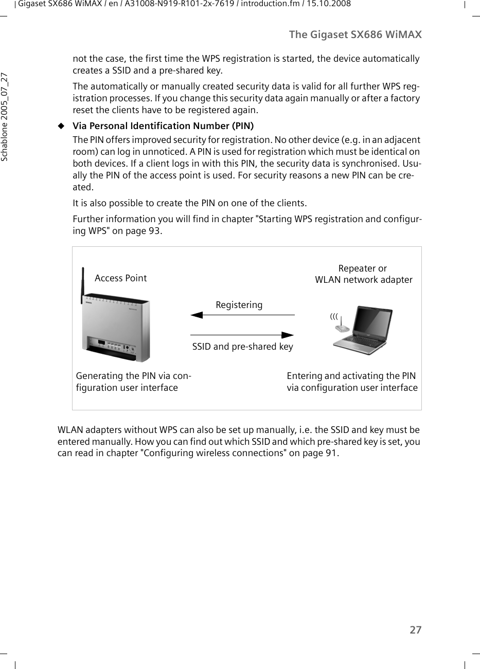 27The Gigaset SX686 WiMAXGigaset SX686 WiMAX / en / A31008-N919-R101-2x-7619 / introduction.fm / 15.10.2008Schablone 2005_07_27not the case, the first time the WPS registration is started, the device automatically creates a SSID and a pre-shared key. The automatically or manually created security data is valid for all further WPS reg-istration processes. If you change this security data again manually or after a factory reset the clients have to be registered again.uVia Personal Identification Number (PIN) The PIN offers improved security for registration. No other device (e.g. in an adjacent room) can log in unnoticed. A PIN is used for registration which must be identical on both devices. If a client logs in with this PIN, the security data is synchronised. Usu-ally the PIN of the access point is used. For security reasons a new PIN can be cre-ated.It is also possible to create the PIN on one of the clients.Further information you will find in chapter &quot;Starting WPS registration and configur-ing WPS&quot; on page 93.WLAN adapters without WPS can also be set up manually, i.e. the SSID and key must be entered manually. How you can find out which SSID and which pre-shared key is set, you can read in chapter &quot;Configuring wireless connections&quot; on page 91.Access PointGenerating the PIN via con-figuration user interfaceRepeater or Entering and activating the PIN via configuration user interfaceSSID and pre-shared keyRegisteringWLAN network adapter(((