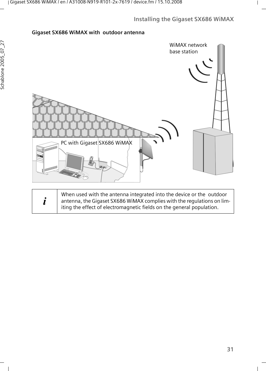 31Installing the Gigaset SX686 WiMAXGigaset SX686 WiMAX / en / A31008-N919-R101-2x-7619 / device.fm / 15.10.2008Schablone 2005_07_27Gigaset SX686 WiMAX with  outdoor antennaiWhen used with the antenna integrated into the device or the  outdoor antenna, the Gigaset SX686 WiMAX complies with the regulations on lim-iting the effect of electromagnetic fields on the general population.PC with Gigaset SX686 WiMAXWiMAX network base station