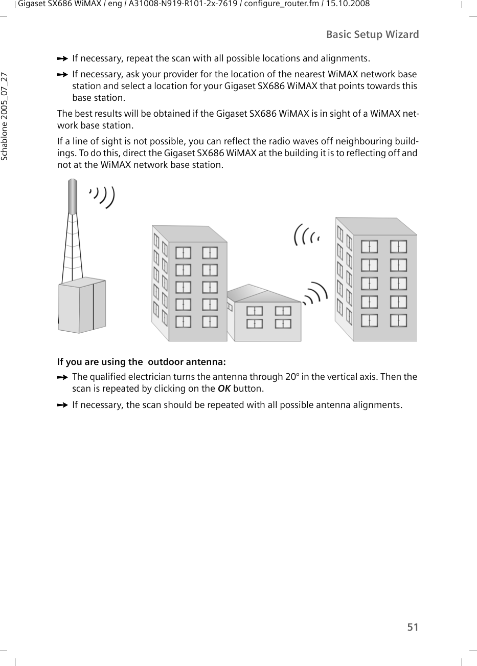 51Basic Setup WizardGigaset SX686 WiMAX / eng / A31008-N919-R101-2x-7619 / configure_router.fm / 15.10.2008Schablone 2005_07_27ìIf necessary, repeat the scan with all possible locations and alignments.ìIf necessary, ask your provider for the location of the nearest WiMAX network base station and select a location for your Gigaset SX686 WiMAX that points towards this base station.The best results will be obtained if the Gigaset SX686 WiMAX is in sight of a WiMAX net-work base station. If a line of sight is not possible, you can reflect the radio waves off neighbouring build-ings. To do this, direct the Gigaset SX686 WiMAX at the building it is to reflecting off and not at the WiMAX network base station.If you are using the  outdoor antenna:ìThe qualified electrician turns the antenna through 20° in the vertical axis. Then the scan is repeated by clicking on the OK button. ìIf necessary, the scan should be repeated with all possible antenna alignments. 