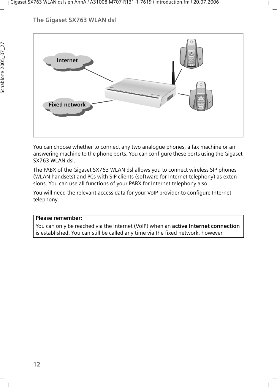 12The Gigaset SX763 WLAN dslGigaset SX763 WLAN dsl / en AnnA / A31008-M707-R131-1-7619 / introduction.fm / 20.07.2006Schablone 2005_07_27You can choose whether to connect any two analogue phones, a fax machine or an answering machine to the phone ports. You can configure these ports using the Gigaset SX763 WLAN dsl. The PABX of the Gigaset SX763 WLAN dsl allows you to connect wireless SIP phones (WLAN handsets) and PCs with SIP clients (software for Internet telephony) as exten-sions. You can use all functions of your PABX for Internet telephony also.You will need the relevant access data for your VoIP provider to configure Internet telephony.Please remember:You can only be reached via the Internet (VoIP) when an active Internet connection is established. You can still be called any time via the fixed network, however. InternetFixed network