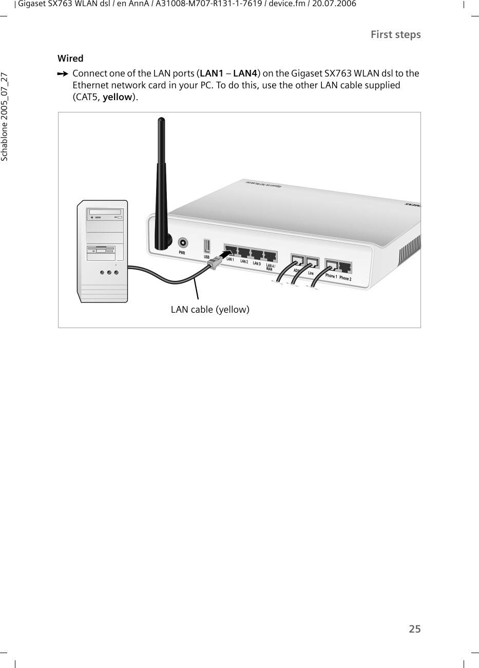 25First stepsGigaset SX763 WLAN dsl / en AnnA / A31008-M707-R131-1-7619 / device.fm / 20.07.2006Schablone 2005_07_27WiredìConnect one of the LAN ports (LAN1 – LAN4) on the Gigaset SX763 WLAN dsl to the Ethernet network card in your PC. To do this, use the other LAN cable supplied (CAT5, yellow).LAN cable (yellow)