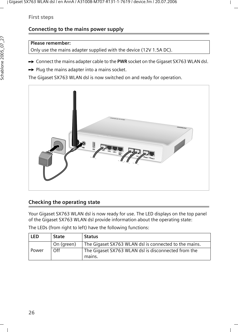 26First stepsGigaset SX763 WLAN dsl / en AnnA / A31008-M707-R131-1-7619 / device.fm / 20.07.2006Schablone 2005_07_27Connecting to the mains power supplyìConnect the mains adapter cable to the PWR socket on the Gigaset SX763 WLAN dsl. ìPlug the mains adapter into a mains socket. The Gigaset SX763 WLAN dsl is now switched on and ready for operation. Checking the operating stateYour Gigaset SX763 WLAN dsl is now ready for use. The LED displays on the top panel of the Gigaset SX763 WLAN dsl provide information about the operating state:The LEDs (from right to left) have the following functions:Please remember:Only use the mains adapter supplied with the device (12V 1.5A DC).LED State StatusPowerOn (green) The Gigaset SX763 WLAN dsl is connected to the mains.Off The Gigaset SX763 WLAN dsl is disconnected from the mains.