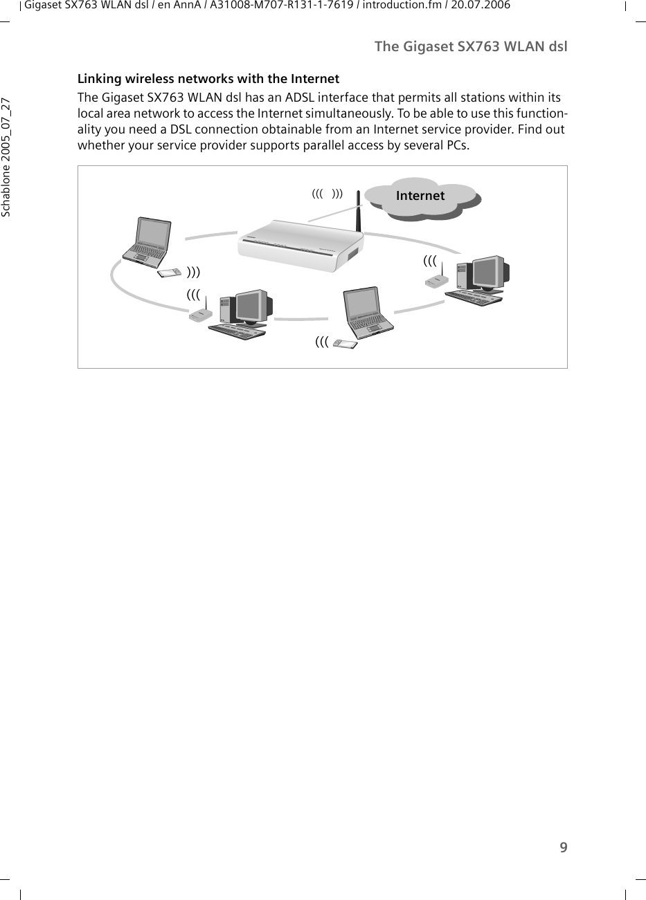 9The Gigaset SX763 WLAN dslGigaset SX763 WLAN dsl / en AnnA / A31008-M707-R131-1-7619 / introduction.fm / 20.07.2006Schablone 2005_07_27Linking wireless networks with the InternetThe Gigaset SX763 WLAN dsl has an ADSL interface that permits all stations within its local area network to access the Internet simultaneously. To be able to use this function-ality you need a DSL connection obtainable from an Internet service provider. Find out whether your service provider supports parallel access by several PCs.Internet(((((()))(((((((((