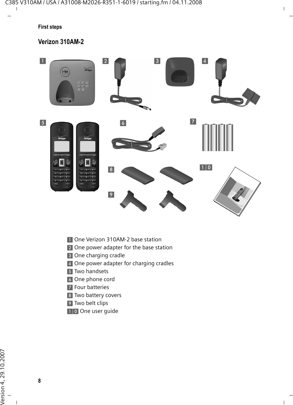 8First stepsC385 V310AM / USA / A31008-M2026-R351-1-6019 / starting.fm / 04.11.2008Version 4, 29.10.2007Verizon 310AM-21 One Verizon 310AM-2 base station2 One power adapter for the base station3 One charging cradle4 One power adapter for charging cradles5 Two handsets6 One phone cord7 Four batteries8 Two battery covers9 Two belt clips10 One user guide21567981034