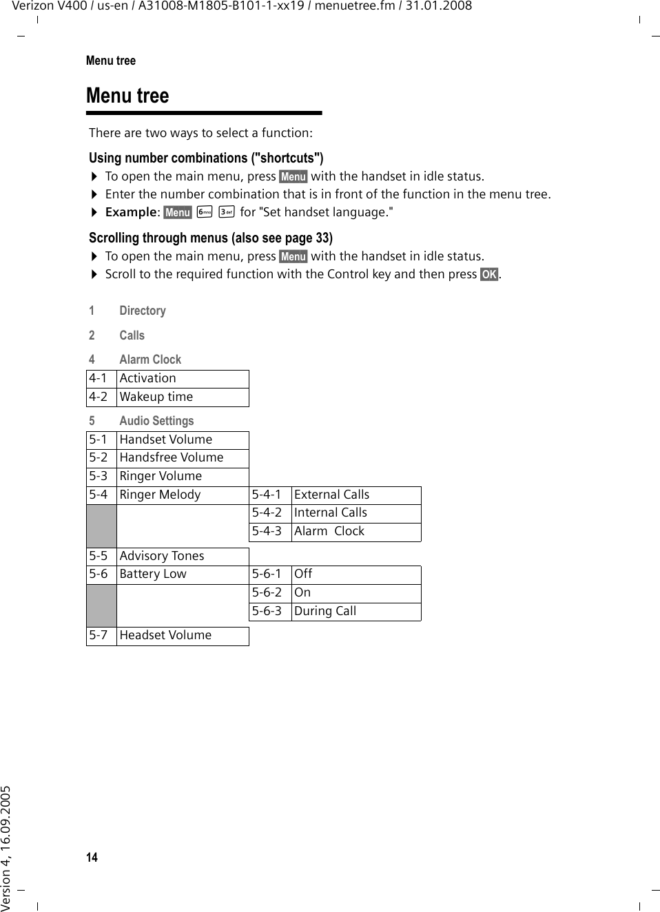 14Menu treeVerizon V400 / us-en / A31008-M1805-B101-1-xx19 / menuetree.fm / 31.01.2008Version 4, 16.09.2005Menu treeThere are two ways to select a function:Using number combinations (&quot;shortcuts&quot;)¤To open the main menu, press §Menu§ with the handset in idle status.¤Enter the number combination that is in front of the function in the menu tree. ¤Example: §Menu§ LI for &quot;Set handset language.&quot;Scrolling through menus (also see page 33)¤To open the main menu, press §Menu§ with the handset in idle status.¤Scroll to the required function with the Control key and then press §OK§. 1Directory 2Calls4Alarm Clock4-1 Activation4-2 Wakeup time5 Audio Settings 5-1 Handset Volume5-2 Handsfree Volume5-3 Ringer Volume5-4 Ringer Melody 5-4-1 External Calls5-4-2 Internal Calls5-4-3 Alarm  Clock5-5 Advisory Tones5-6 Battery Low 5-6-1 Off5-6-2 On5-6-3 During Call5-7 Headset Volume