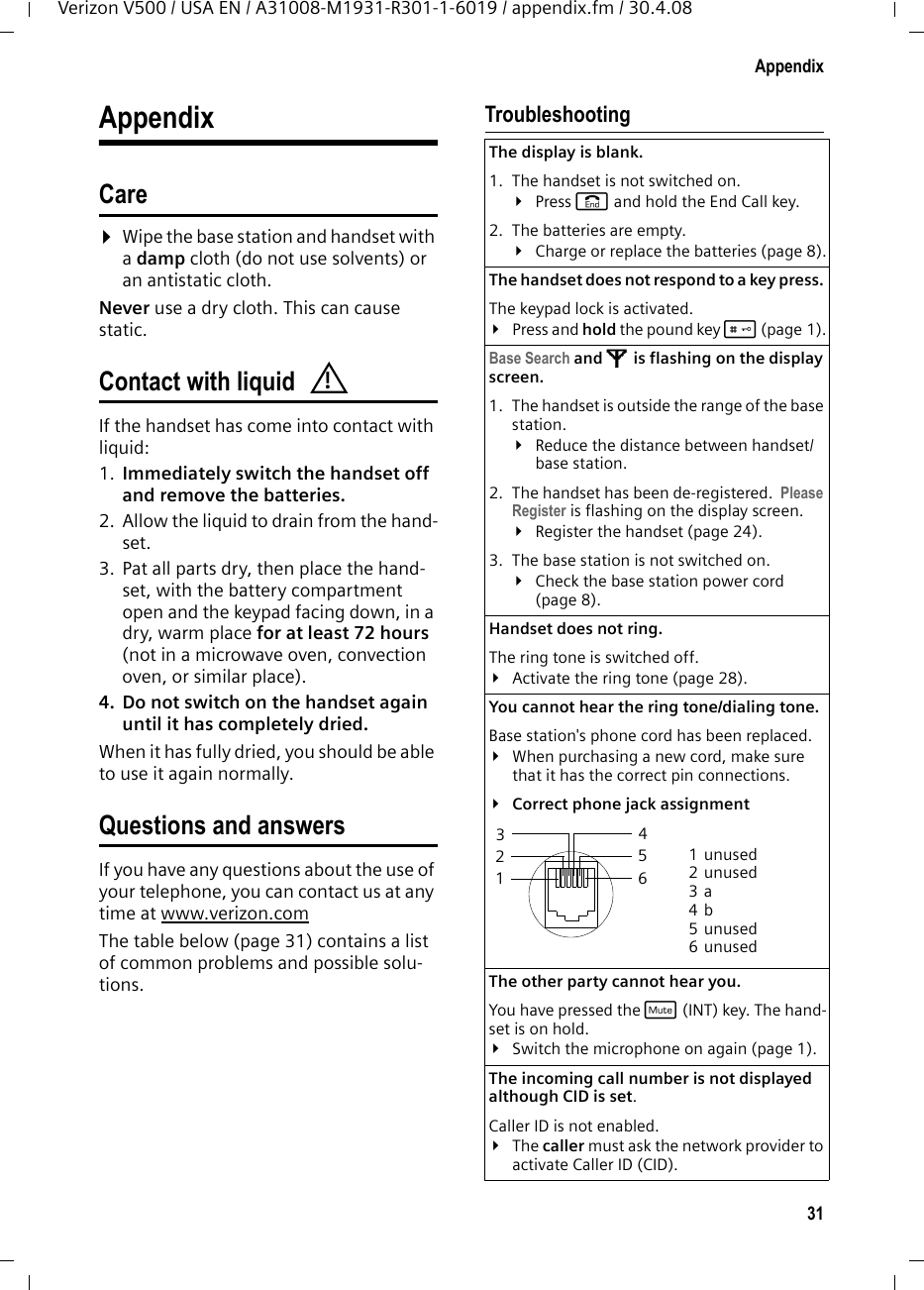 31AppendixVerizon V500 / USA EN / A31008-M1931-R301-1-6019 / appendix.fm / 30.4.08AppendixCare¤Wipe the base station and handset with a damp cloth (do not use solvents) or an antistatic cloth. Never use a dry cloth. This can cause static. Contact with liquid If the handset has come into contact with liquid:1. Immediately switch the handset off and remove the batteries. 2. Allow the liquid to drain from the hand-set.3. Pat all parts dry, then place the hand-set, with the battery compartment open and the keypad facing down, in a dry, warm place for at least 72 hours (not in a microwave oven, convection oven, or similar place).4. Do not switch on the handset again until it has completely dried.When it has fully dried, you should be able to use it again normally.Questions and answersIf you have any questions about the use of your telephone, you can contact us at any time at www.verizon.comThe table below (page 31) contains a list of common problems and possible solu-tions.Troubleshooting!The display is blank. 1. The handset is not switched on.¥Press a and hold the End Call key.2. The batteries are empty.¥Charge or replace the batteries (page 8).The handset does not respond to a key press. The keypad lock is activated.¥Press and hold the pound key # (page 1).Base Search and Ä is flashing on the display screen.1. The handset is outside the range of the base station.¥Reduce the distance between handset/base station.2. The handset has been de-registered.  Please Register is flashing on the display screen.¥Register the handset (page 24).3. The base station is not switched on.¥Check the base station power cord (page 8).Handset does not ring.The ring tone is switched off.¥Activate the ring tone (page 28).You cannot hear the ring tone/dialing tone. Base station&apos;s phone cord has been replaced.¥When purchasing a new cord, make sure that it has the correct pin connections.¥Correct phone jack assignmentThe other party cannot hear you. You have pressed the i (INT) key. The hand-set is on hold.¥Switch the microphone on again (page 1).The incoming call number is not displayed although CID is set.Caller ID is not enabled.¥The caller must ask the network provider to activate Caller ID (CID).3 214 5 6 1unused2unused3a4b5unused6unused